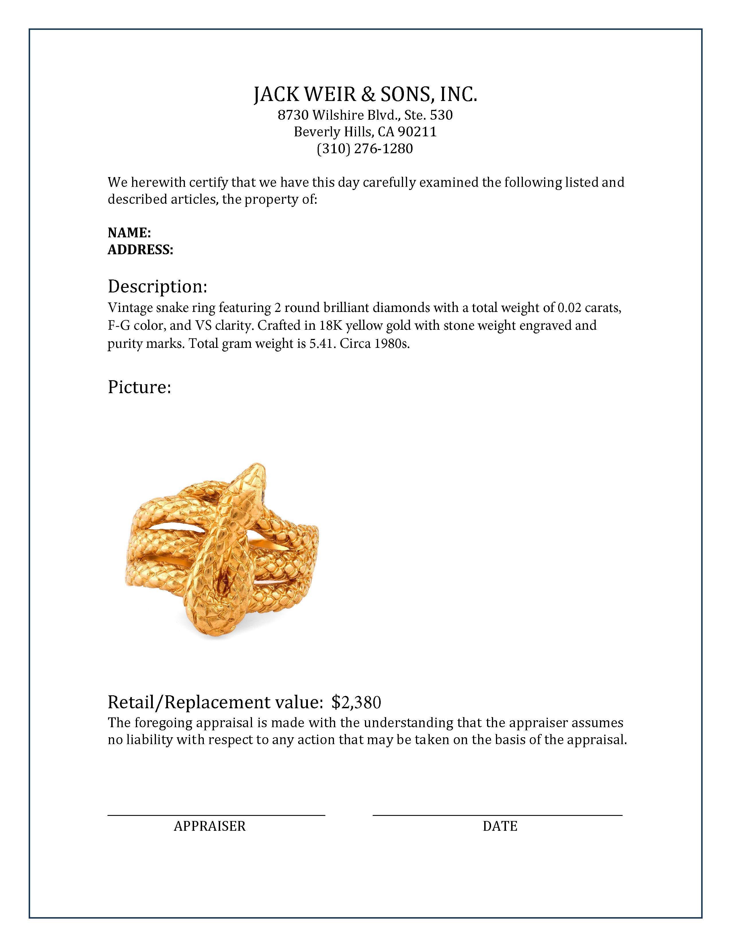 Femenino o masculino Anillo serpiente vintage de oro amarillo de 18 quilates con diamantes