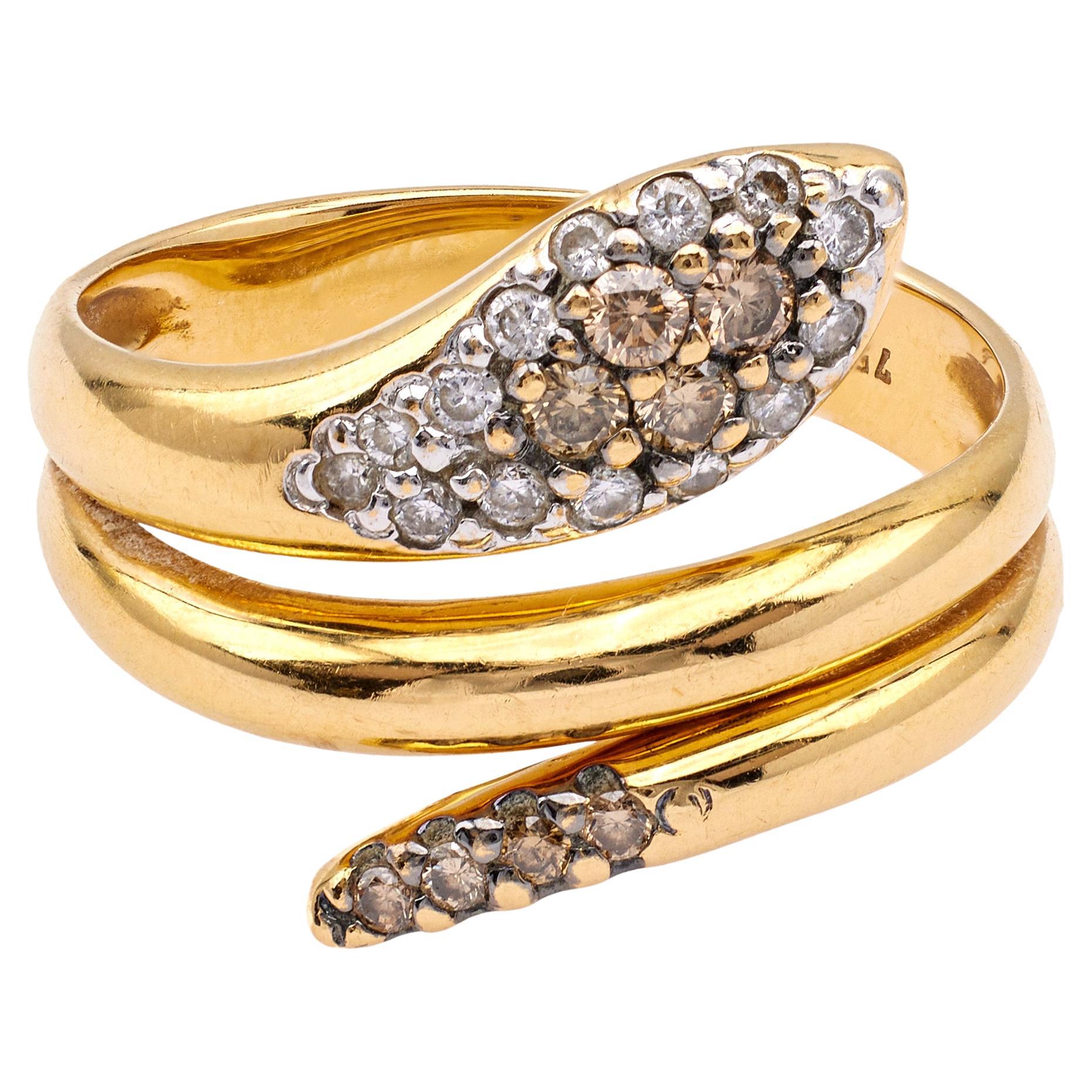 Vintage Diamond 18k Yellow Gold Snake Ring For Sale at 1stDibs