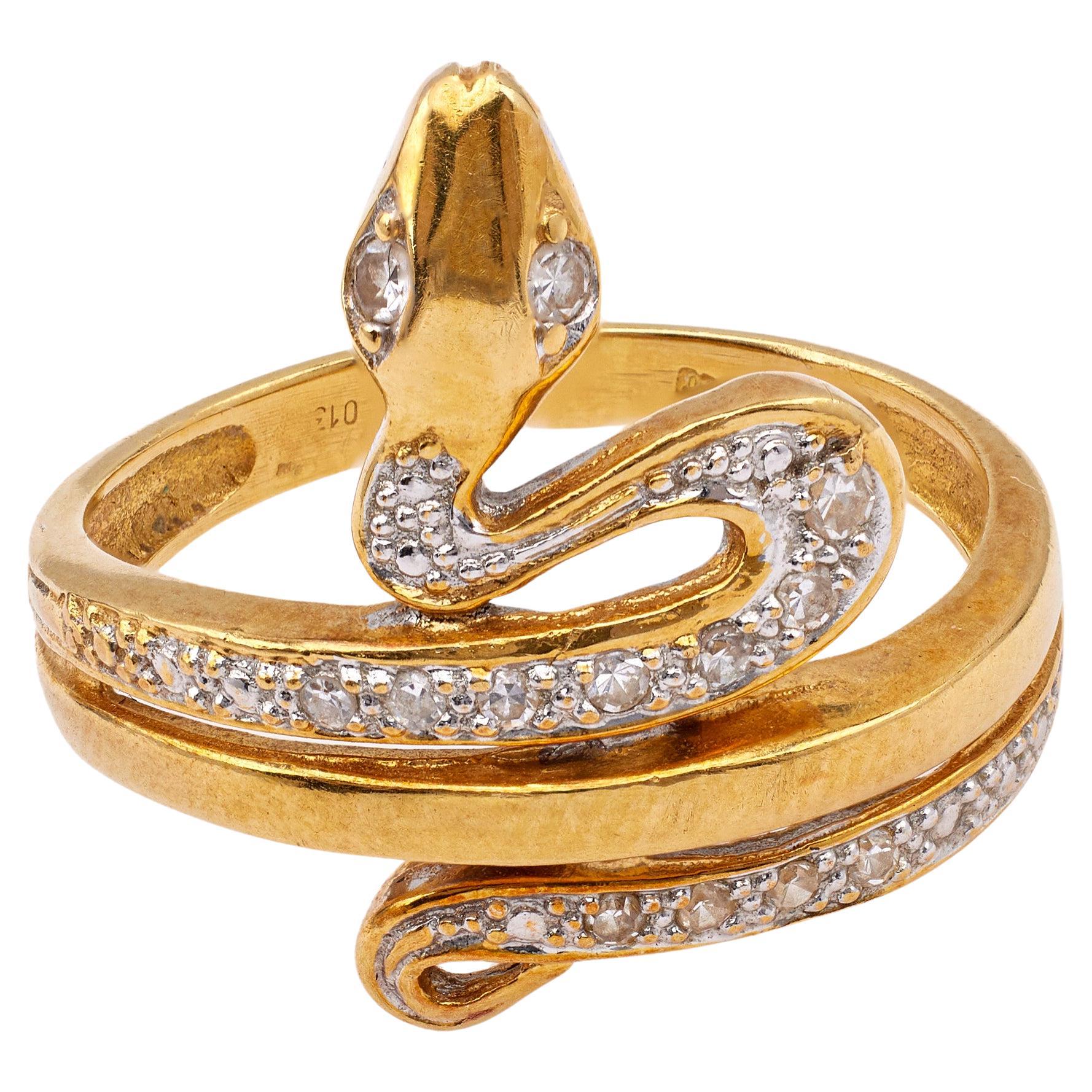 Vintage Diamond 18k Yellow Gold Snake Ring For Sale at 1stDibs