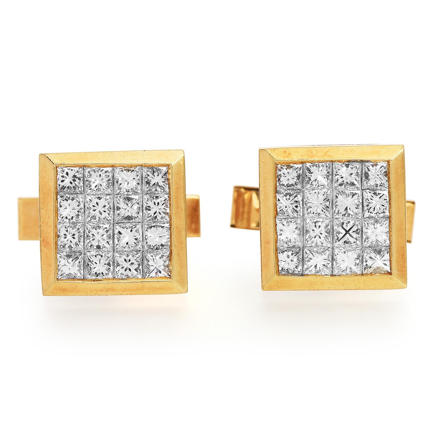 Vie to relive the past in these Exquisite, circa 1990s unisex cufflinks

Crafted in luxurious 18K Yellow Gold. 

From the Invisible set center, these cufflinks scream luxury and fashion from days gone by.

Adorning the façade of these are (32)