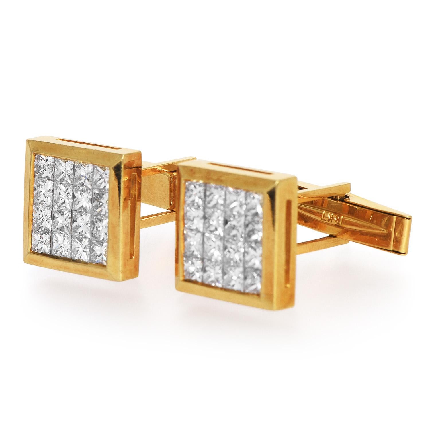 Princess Cut Vintage Diamond 18K Yellow Gold Square Invisible Set Cufflinks For Sale