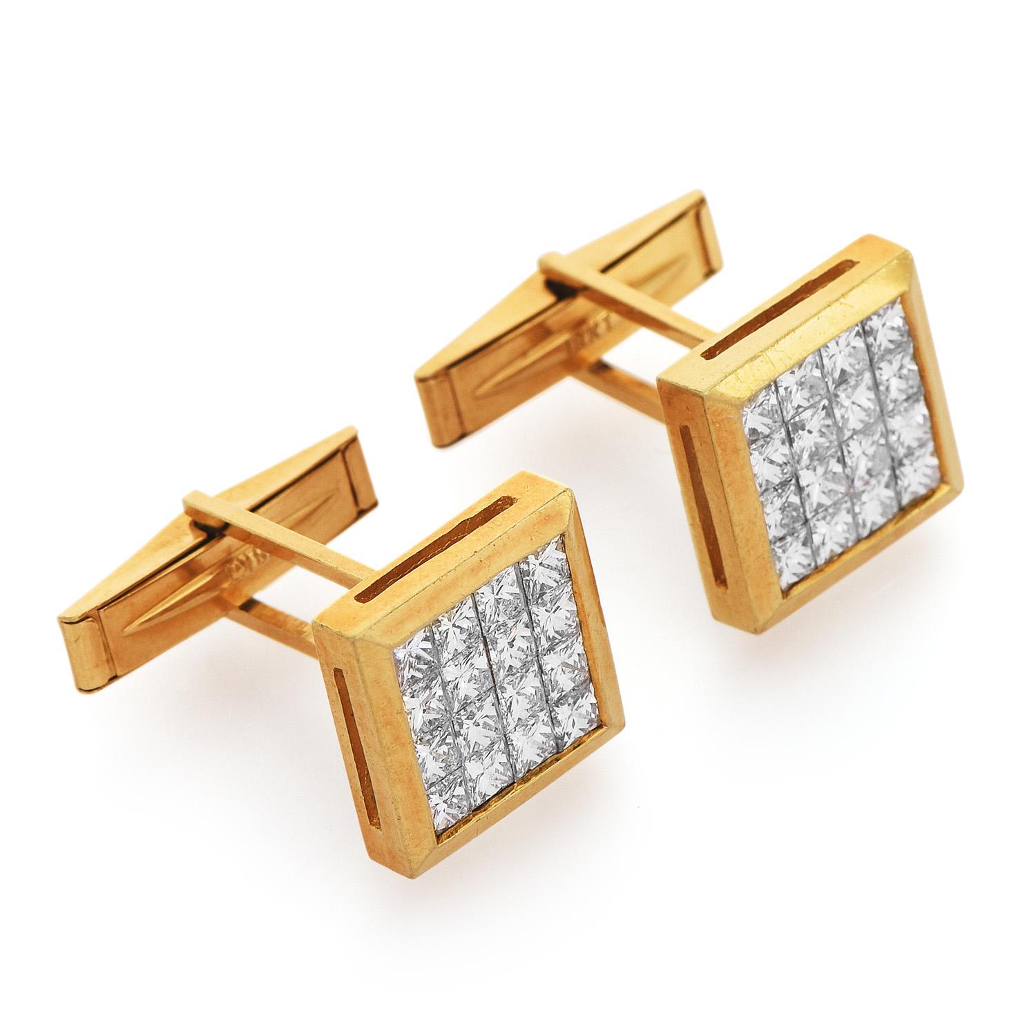 Women's or Men's Vintage Diamond 18K Yellow Gold Square Invisible Set Cufflinks For Sale