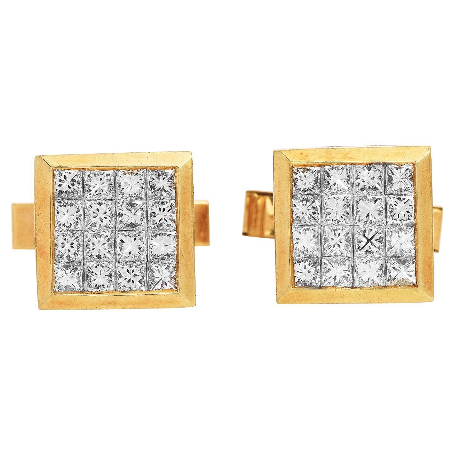 Vintage Diamond 18K Yellow Gold Square Invisible Set Cufflinks For Sale
