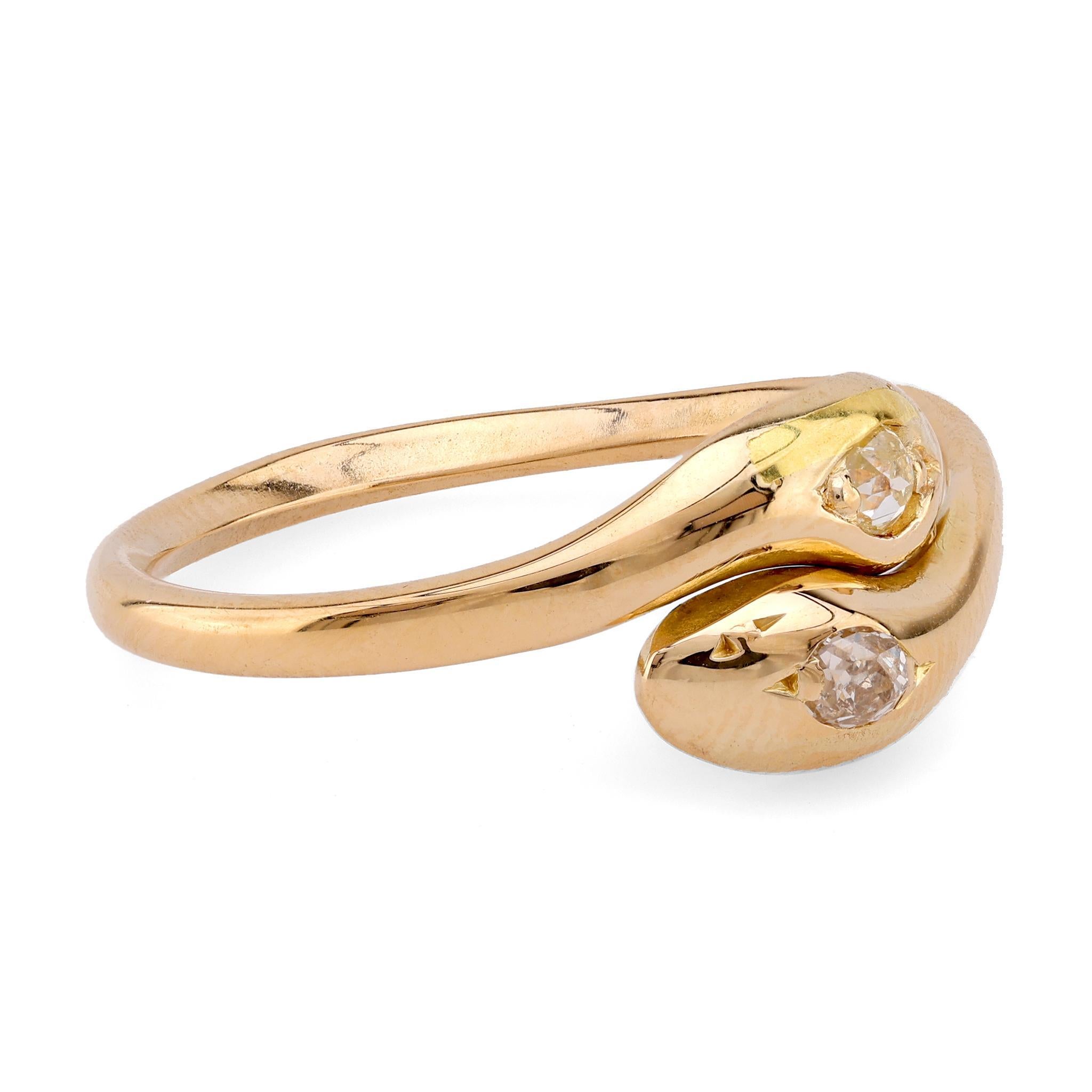 Old Mine Cut Vintage Diamond 18K Yellow Gold Toi Et Moi Snake Ring