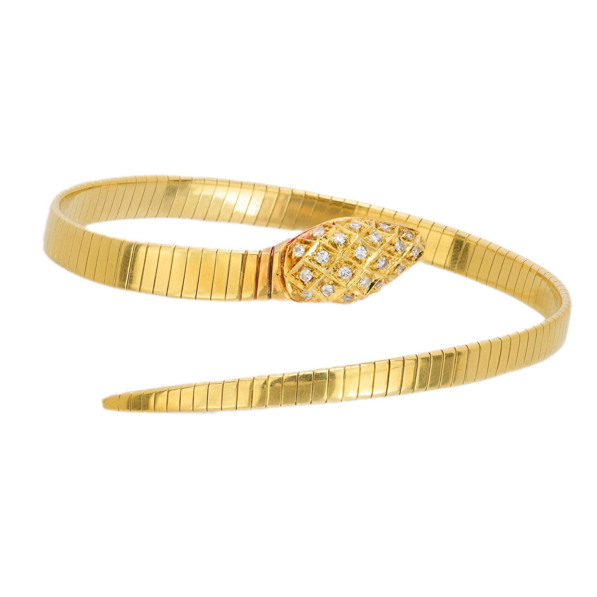 Single Cut Vintage diamond 18k yellow gold tubogas snake bangle For Sale