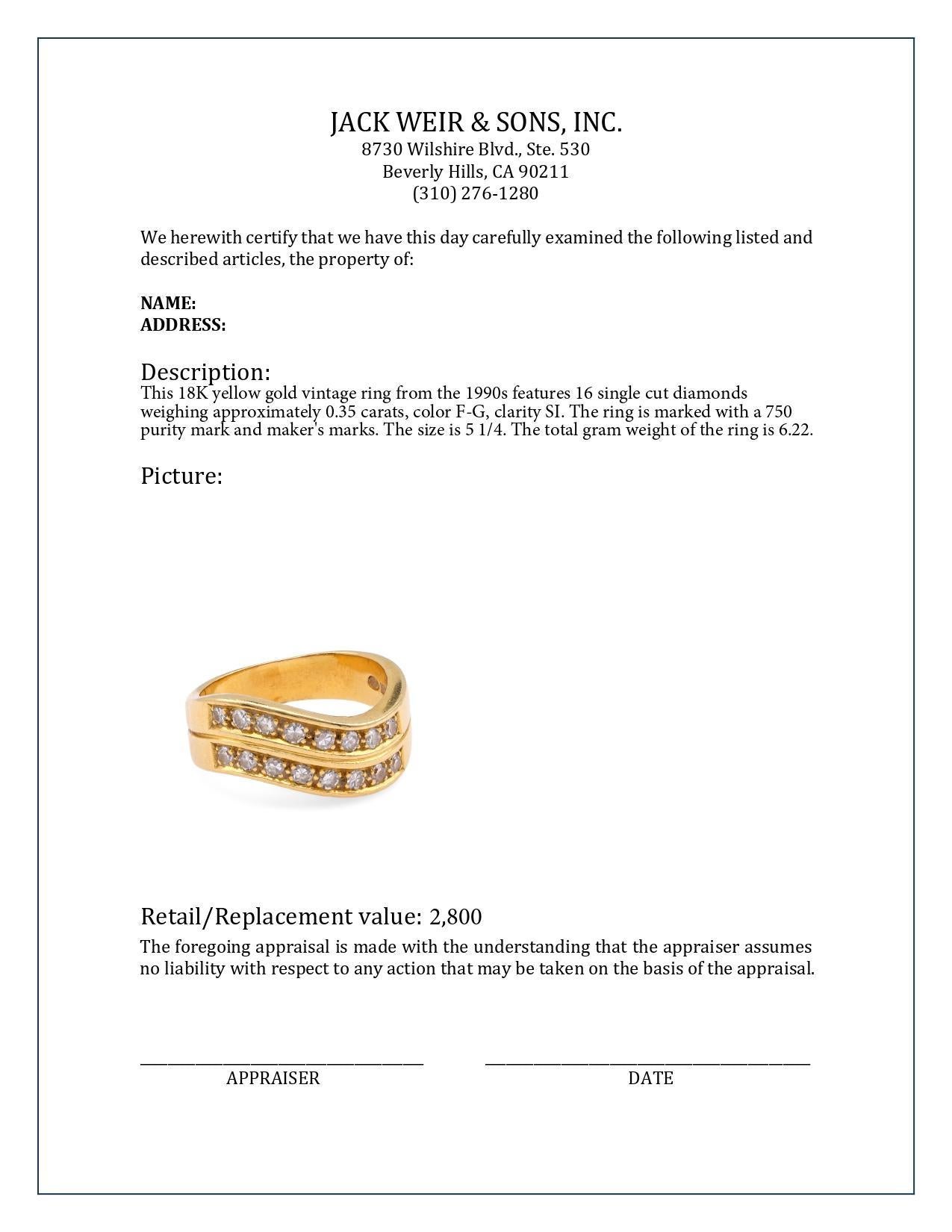 Single Cut Vintage Diamond 18K Yellow Gold Two Row Wave Ring