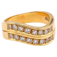 Vintage Diamond 18K Yellow Gold Two Row Wave Ring