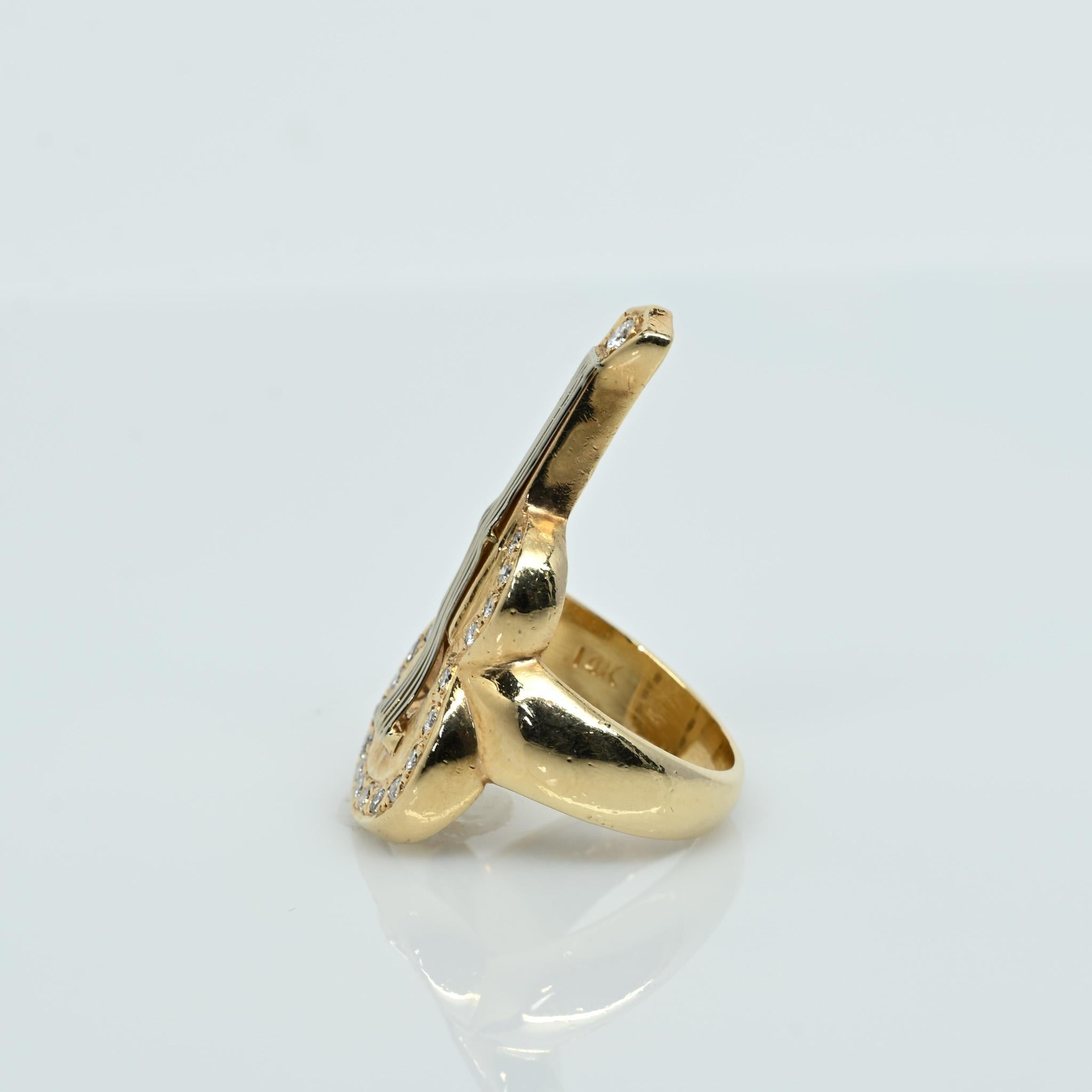 Vintage Diamond Acoustic Guitar Handmade 14k Gold Ring In Good Condition In Addison, TX