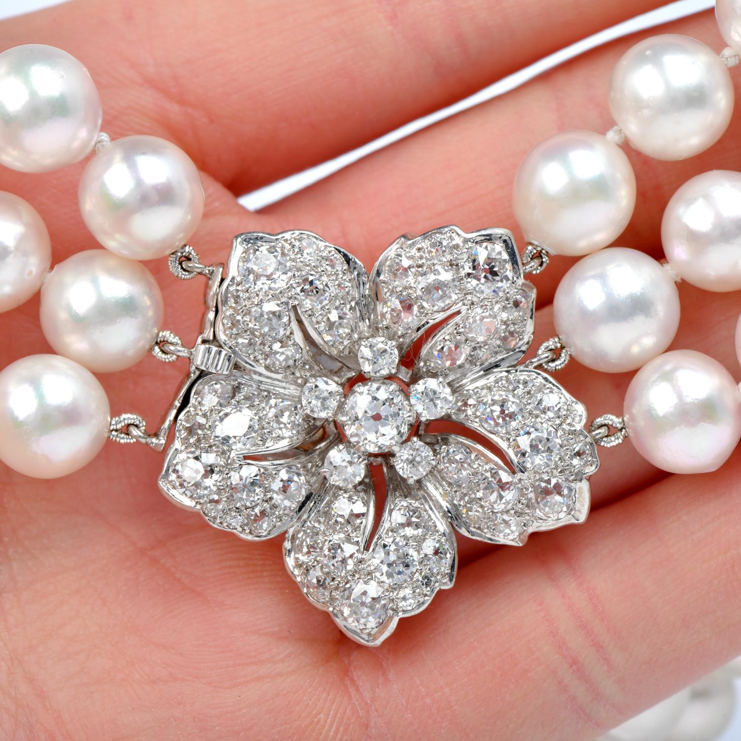 Round Cut Vintage Diamond Akoya Pearl Platinum Triple Strand Choker Necklace For Sale