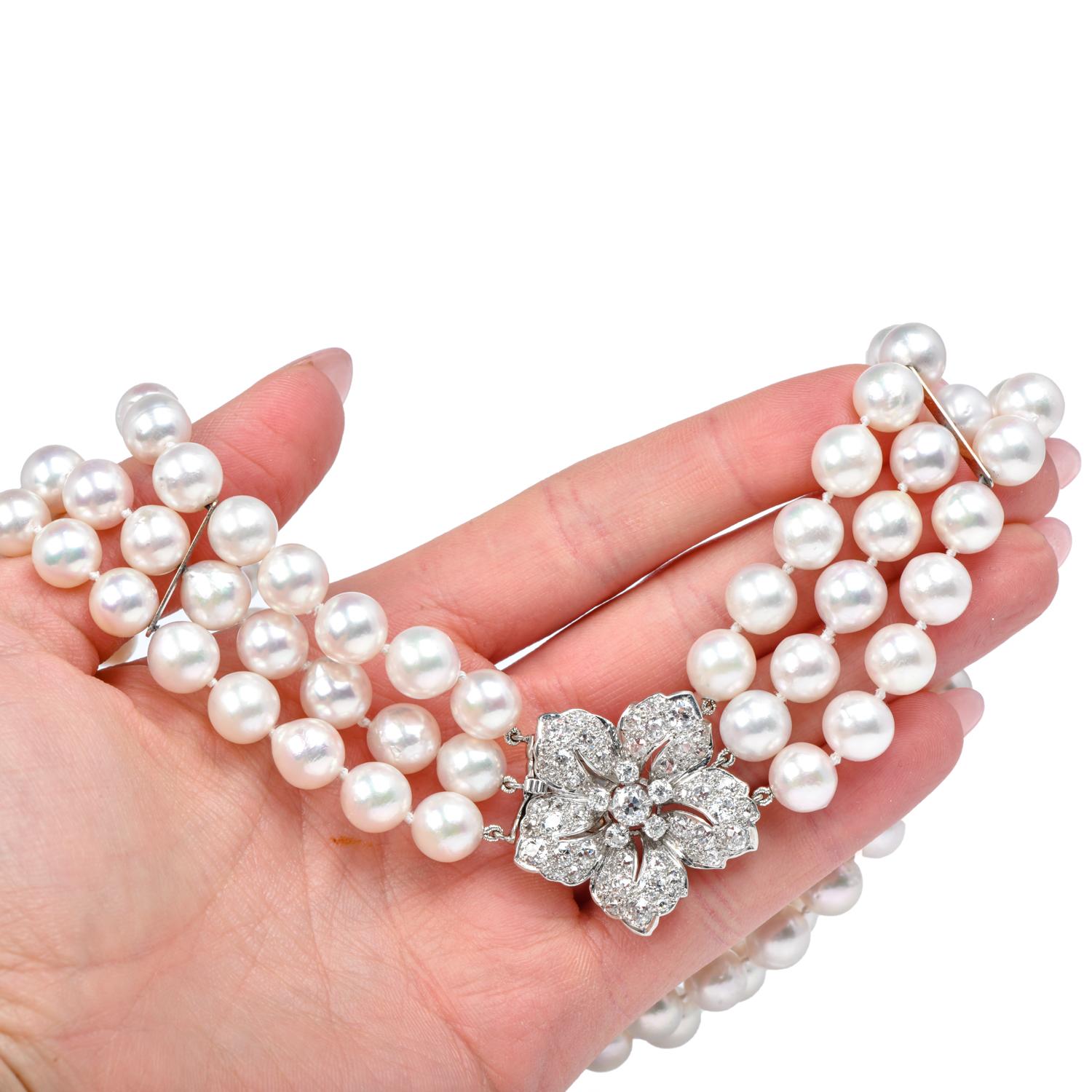 Vintage Diamond Akoya Pearl Platinum Triple Strand Choker Necklace In Excellent Condition For Sale In Miami, FL