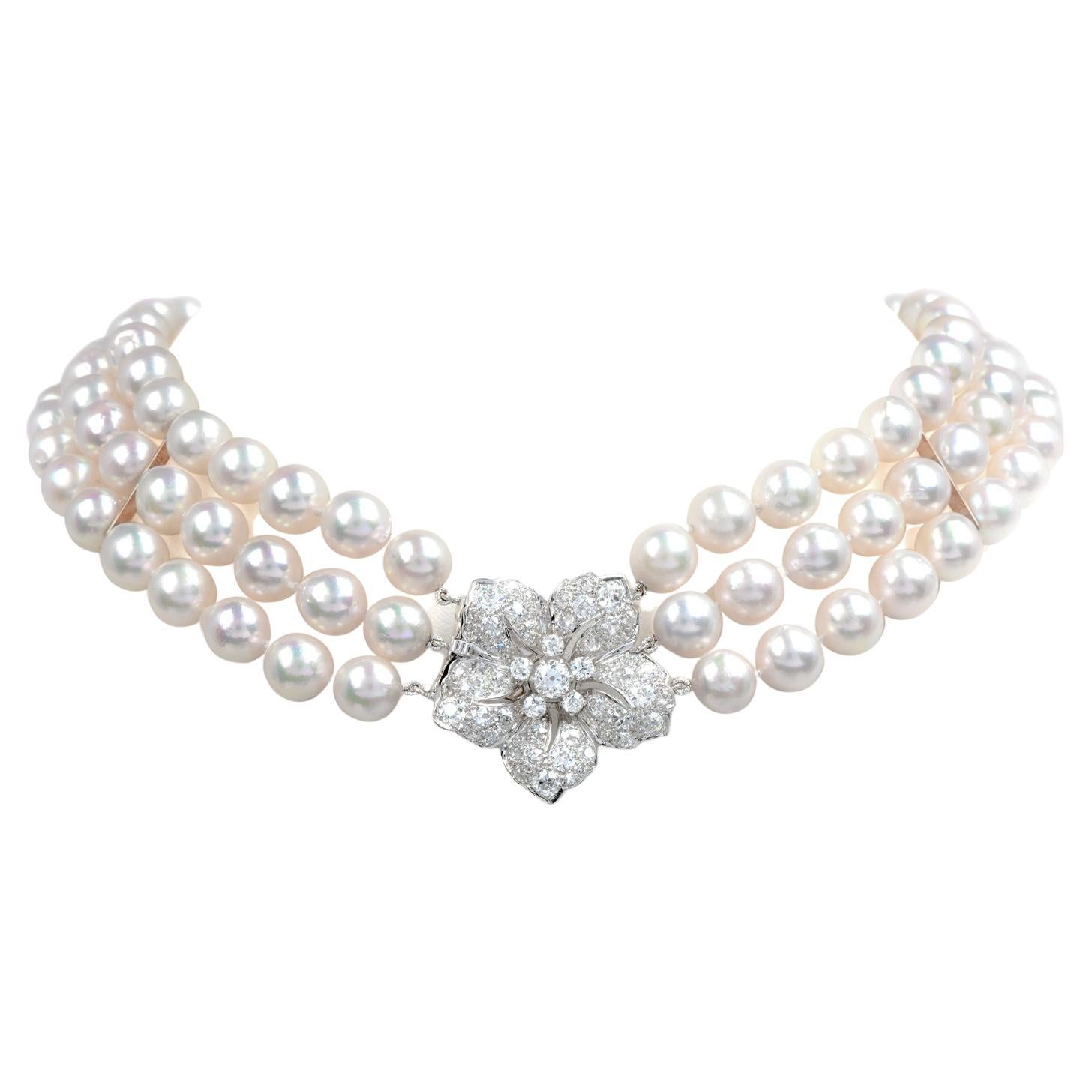 Vintage Diamant Akoya Perle Platin Dreifach-Strang Choker Halskette im Angebot