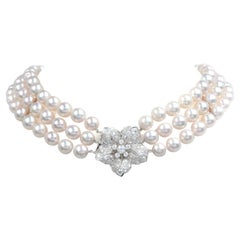 Vintage Diamond Akoya Pearl Platinum Triple Strand Choker Necklace
