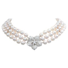 Retro Diamond Akoya Pearl Platinum Triple Strand Choker Necklace