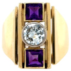 Vintage Diamond Amethyst 14 Karat Yellow Gold Three Stone Ring