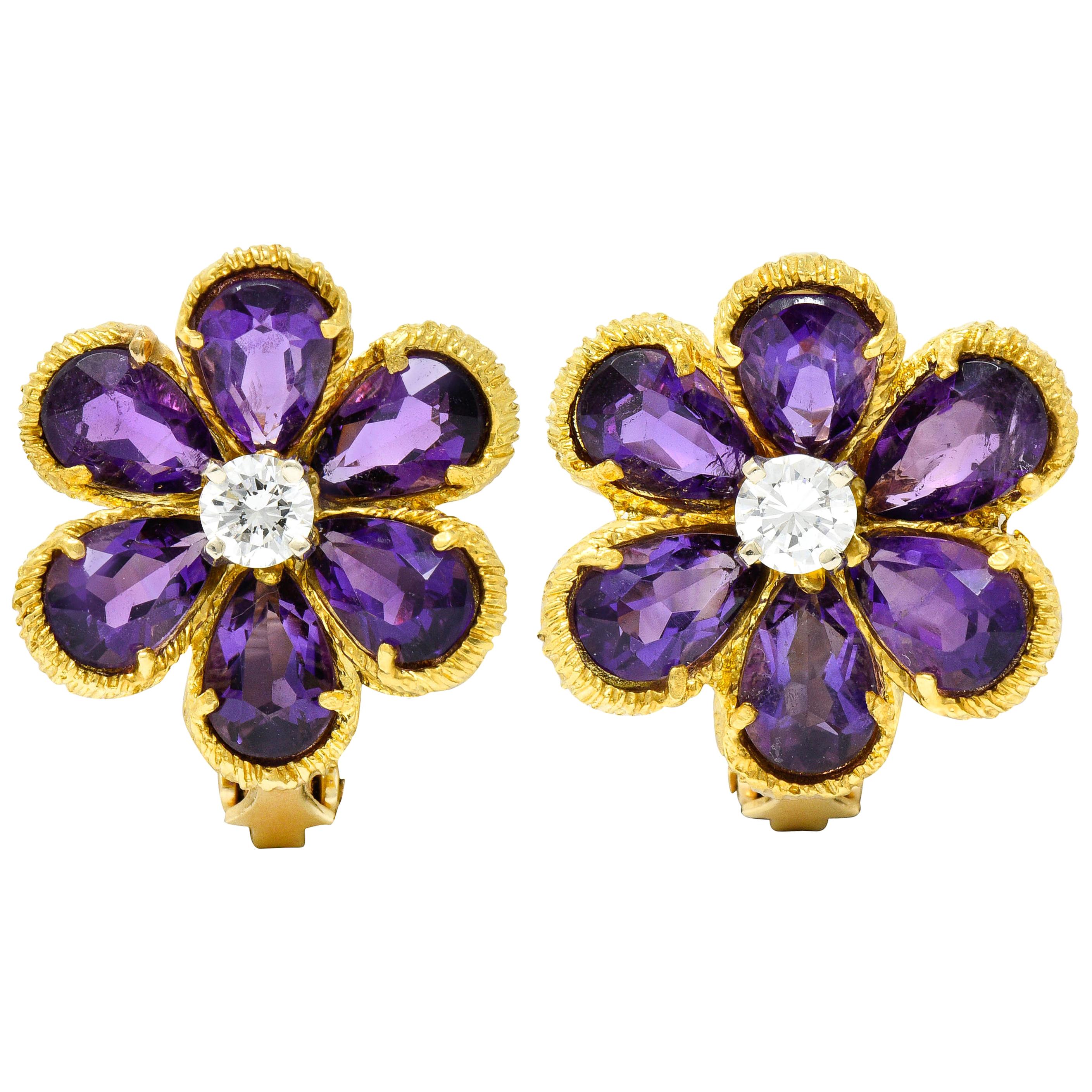 Vintage Diamond Amethyst 18 Karat Yellow Gold Flower Ear-Clip Earrings