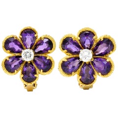 Vintage Diamond Amethyst 18 Karat Yellow Gold Flower Ear-Clip Earrings