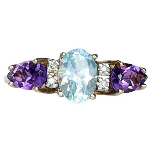 Vintage Diamond, Amethyst and Aquamarine 9 Carat Gold Ring