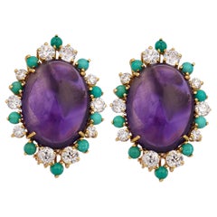 Vintage diamond amethyst turquoise 18k yellow gold cluster earrings