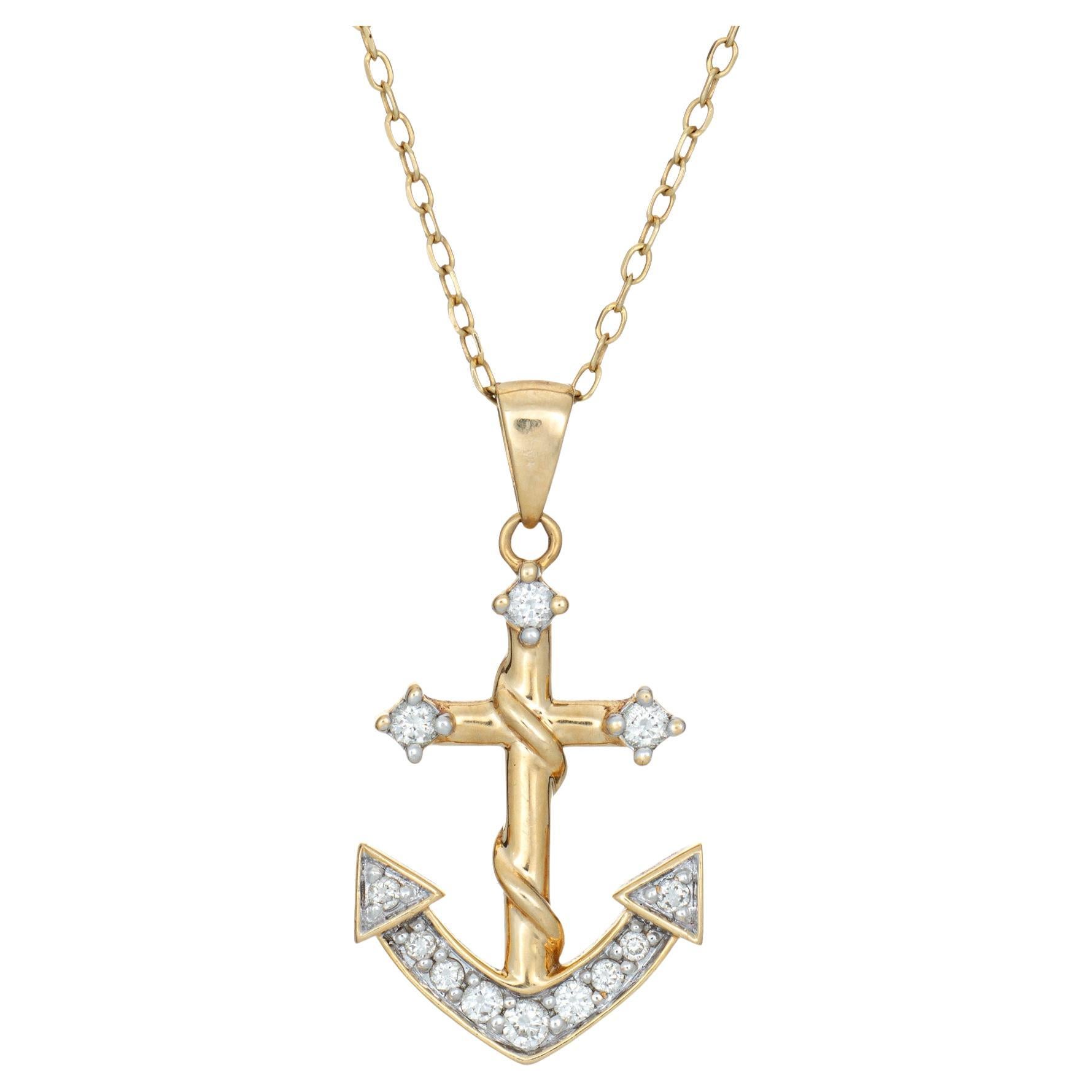 Vintage Diamond Anchor Necklace 14k Yellow Gold 19" Chain Estate Ocean Jewelry For Sale