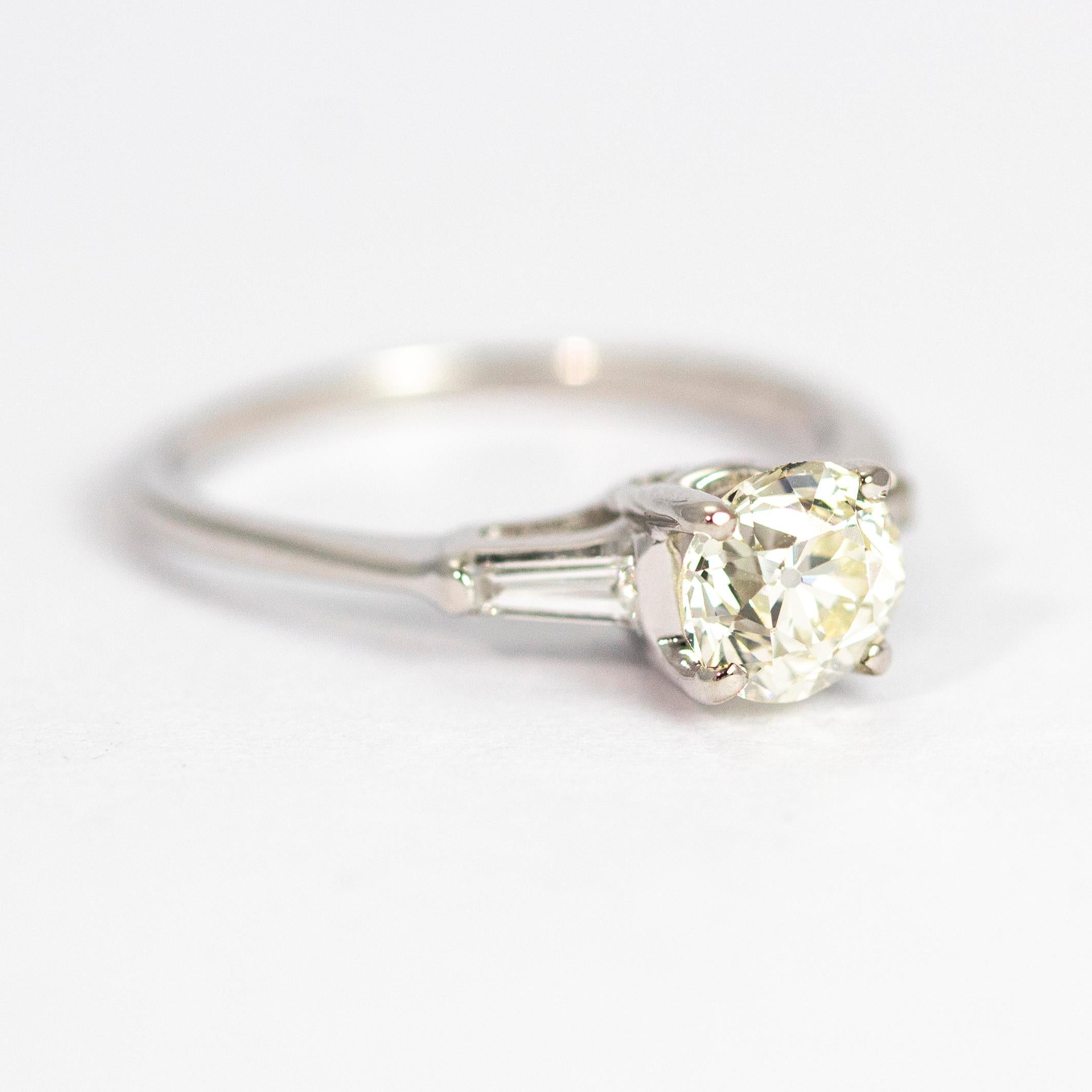 Baguette Cut Vintage Diamond and 14 Carat White Gold Solitaire Ring