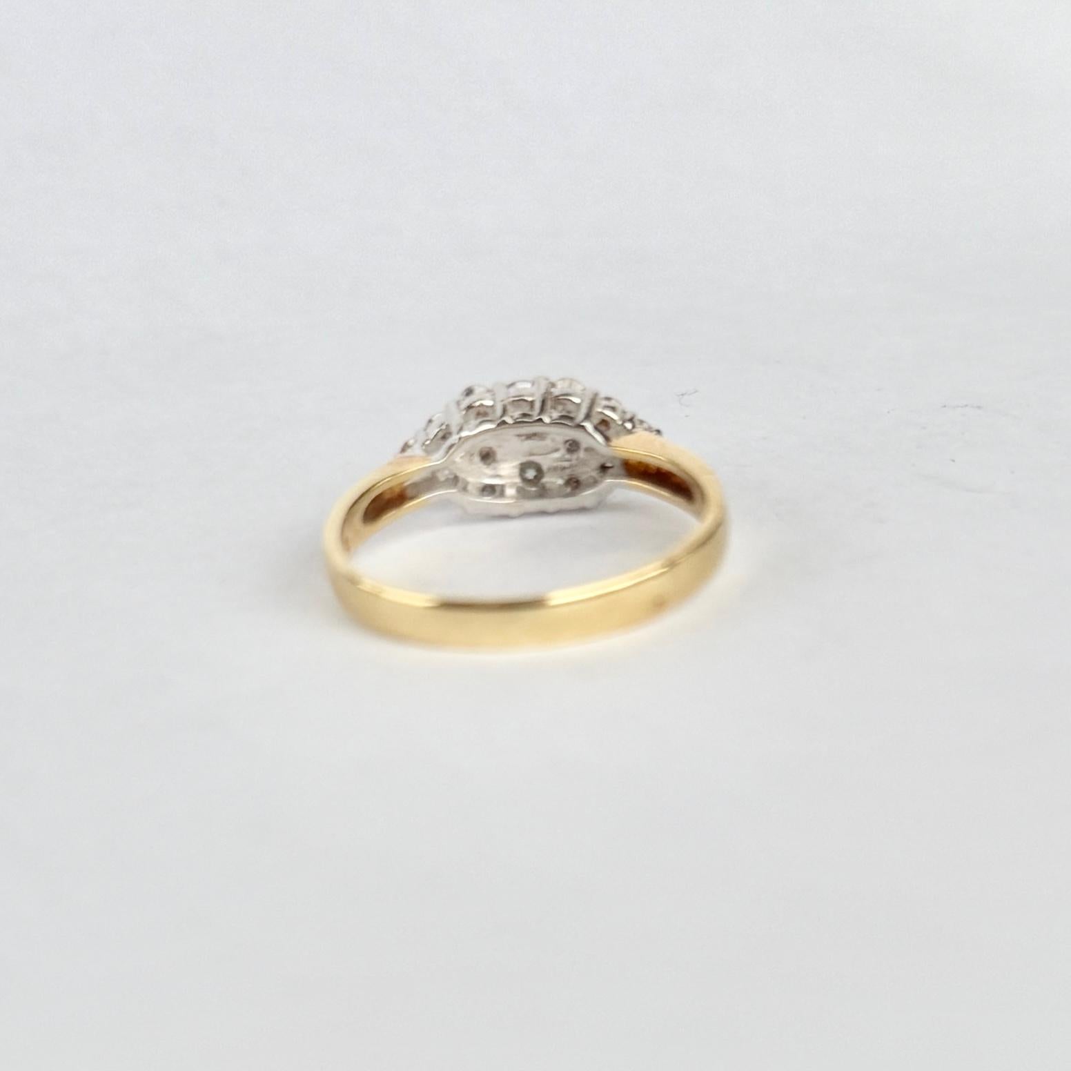 This gorgeous panel holds a cluster of sparkling diamonds. The diamond total of the ring is 80pts. The ring is modelled in 18 Carat gold and the stones are set in platinum. 

Size: N 1/2 or 7
Cluster Dimensions: 7x14mm

Weight: 3.7g

