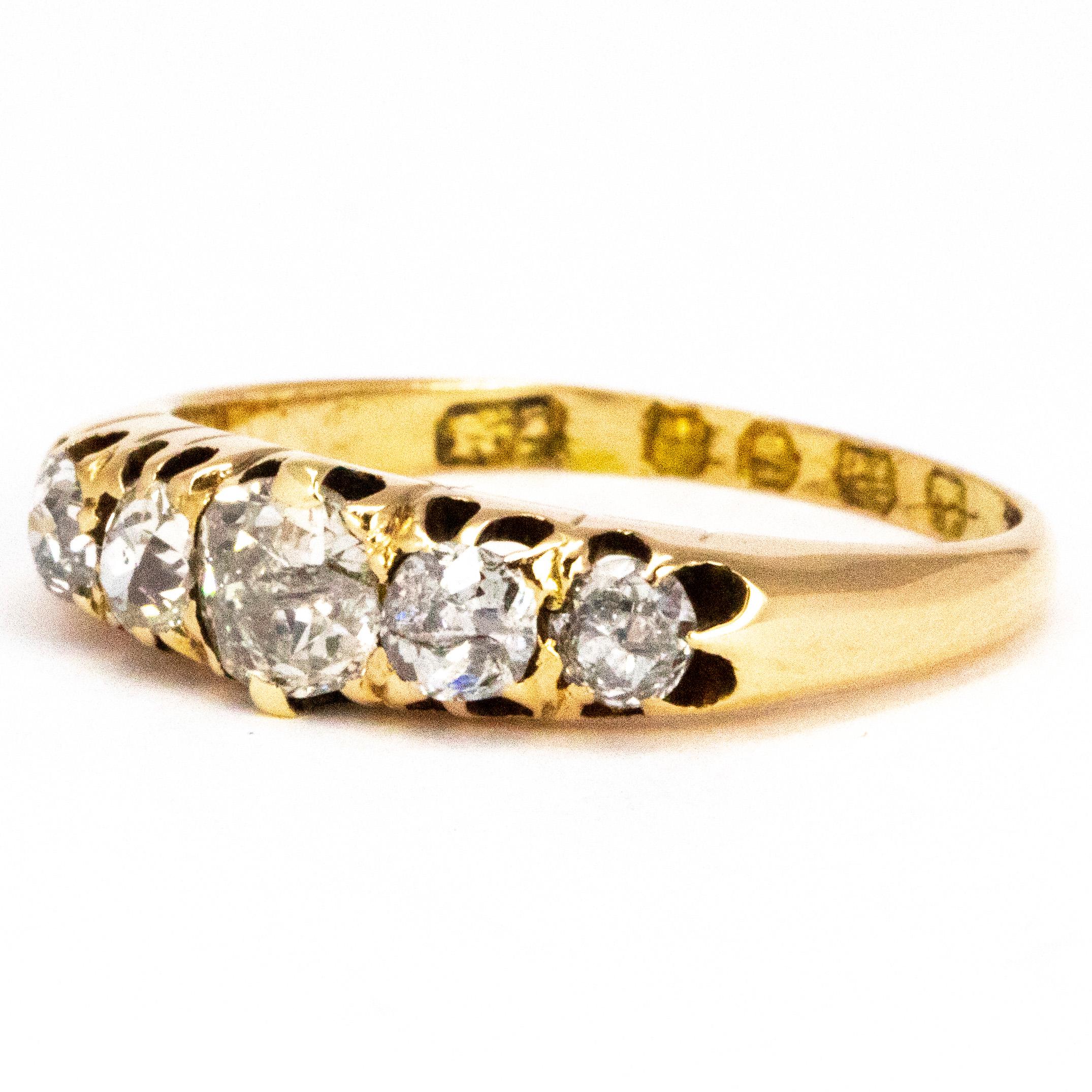 This gorgeous five stone is a classic design and holds five sparkling diamonds. The centre stone measures 45pts, the next smallest measure 20pts and the smallest stones measure 15pts.  The diamonds are J/K colour SI2 and are old mine cut. 

Ring
