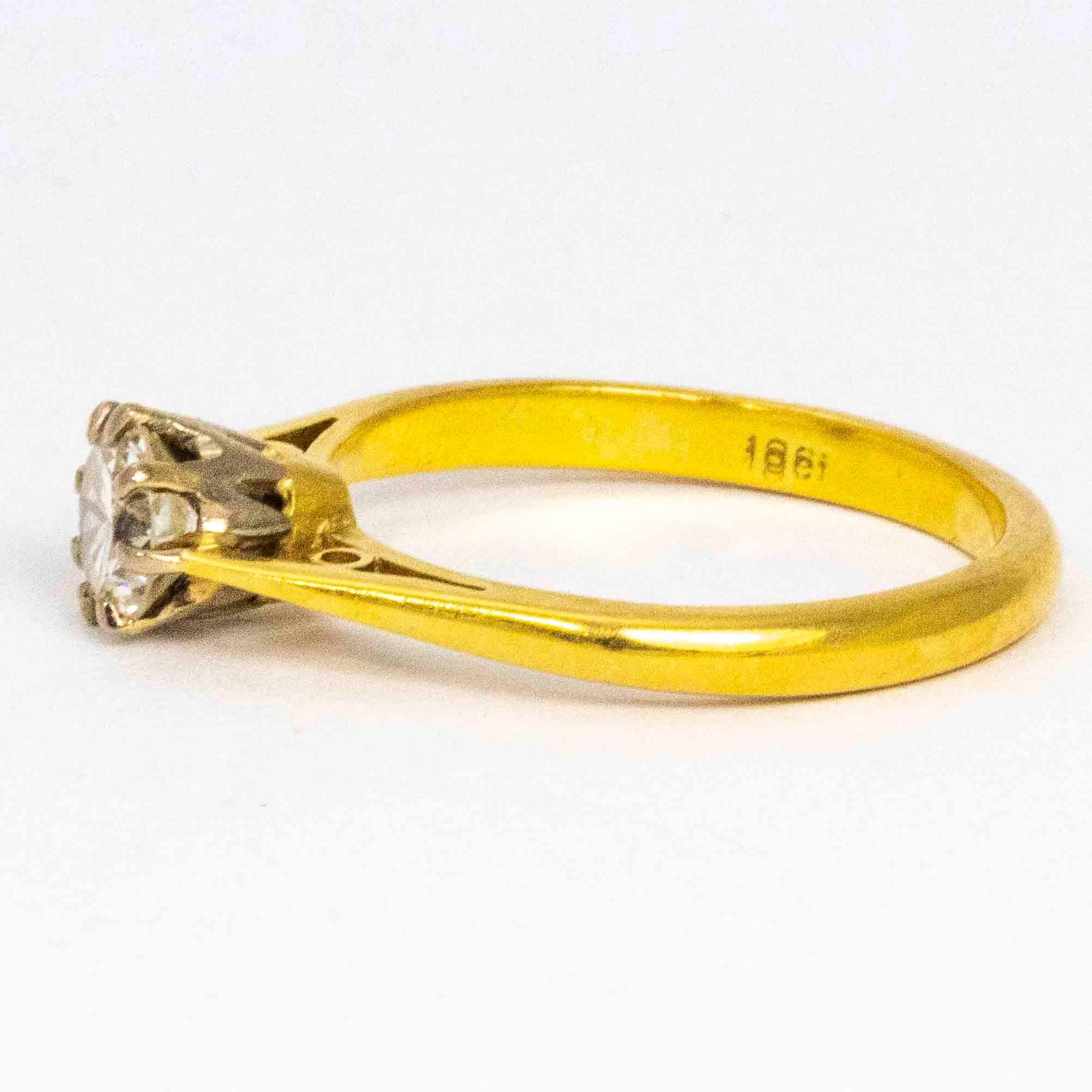 This simply stunning ring holds a clean and bright diamond measuring approximately 70pts. The Diamond is set in a simple claw setting and  sits proud when worn. The ring is modelled out of 18ct gold. 

Ring Size: M 1/2 or 6 1/2