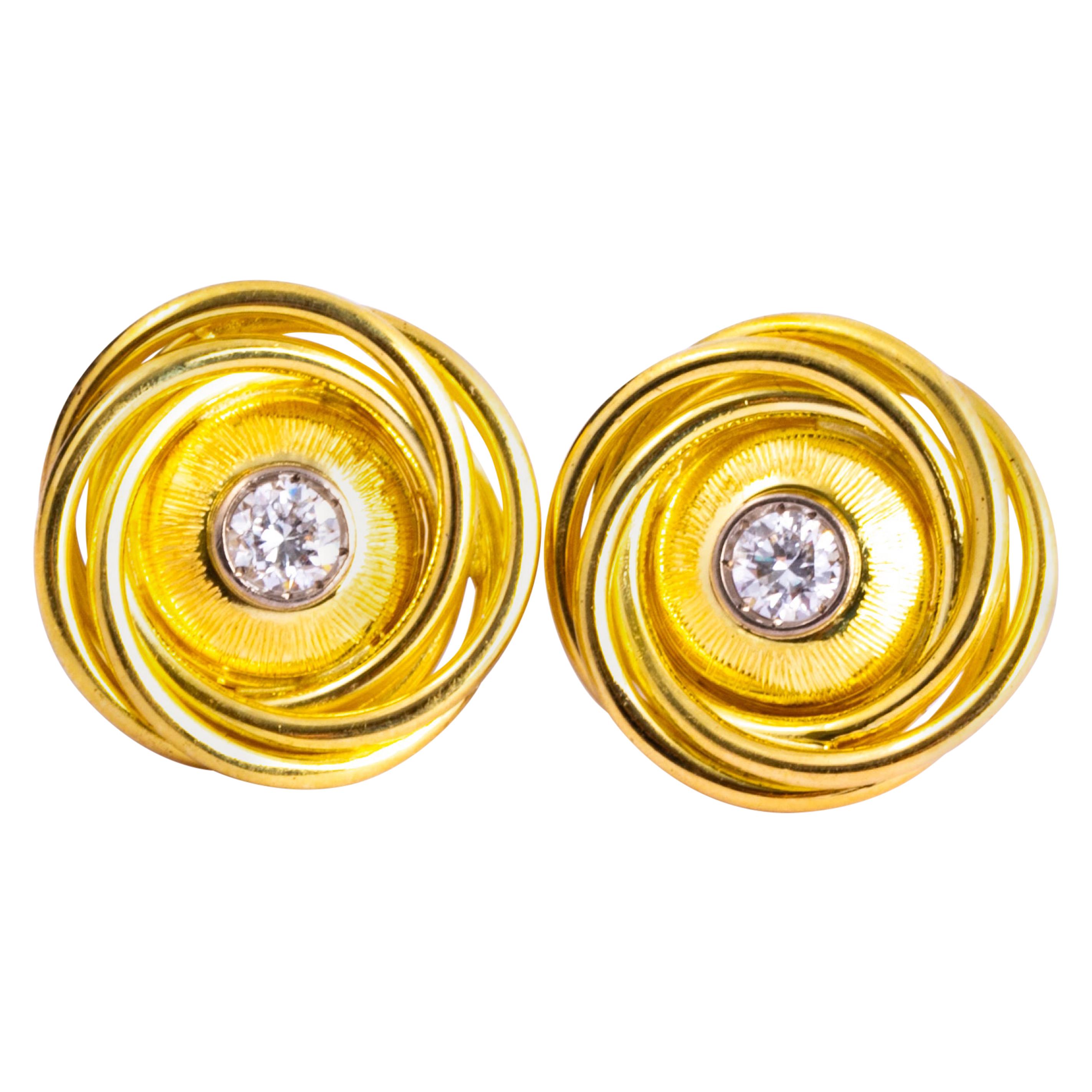 Vintage Diamond and 18 Carat Gold Swirl Earrings For Sale