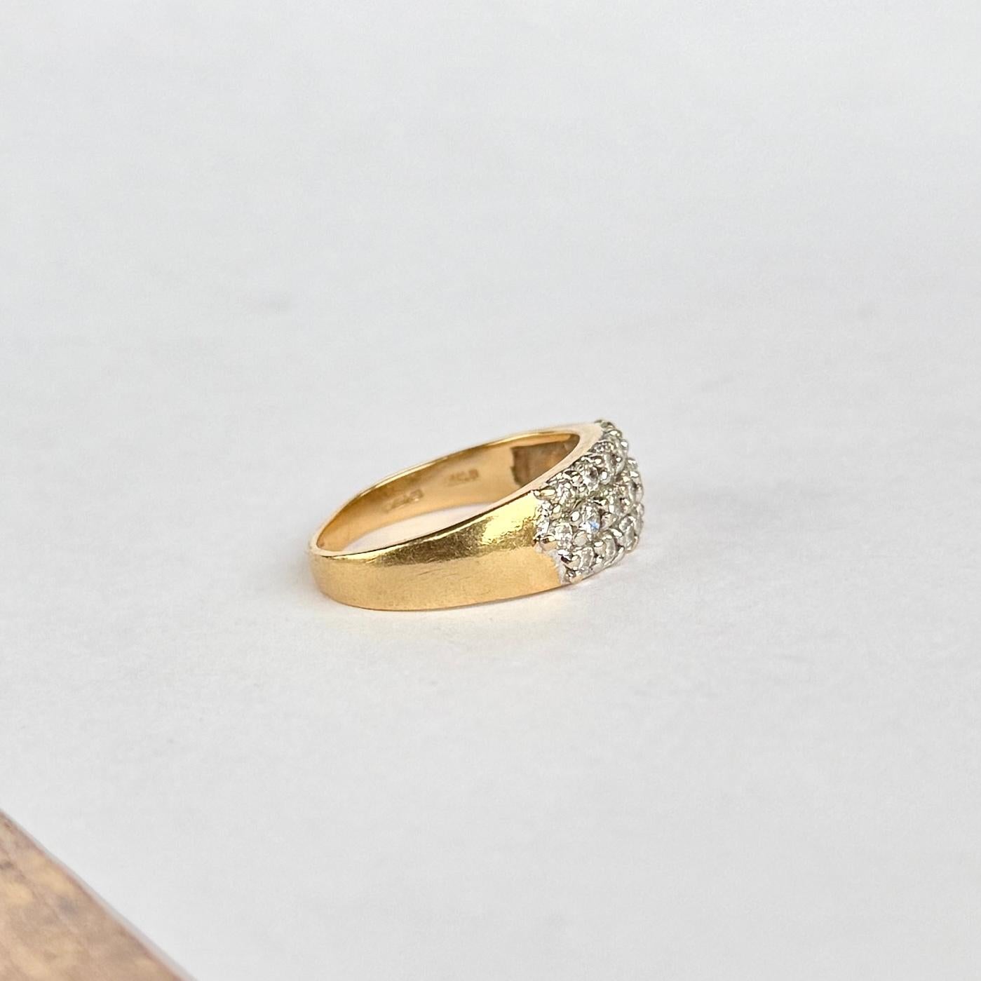 Anillo vintage de tres filas de diamantes y oro de 18 quilates en venta 1