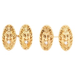 Vintage Diamond and 18 Carat Yellow Gold Stylised Mask Oval Cufflinks, c.1960s
