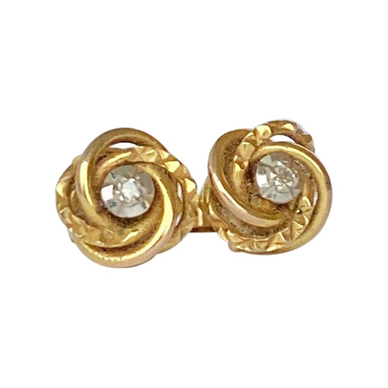 Vintage Diamond and 9 Carat Gold Knot Stud Earrings For Sale
