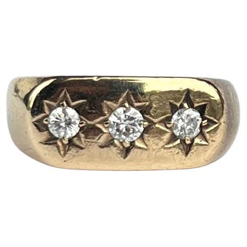 Vintage Diamond and 9 Carat Gold Three-Stone Star Setting Ring
