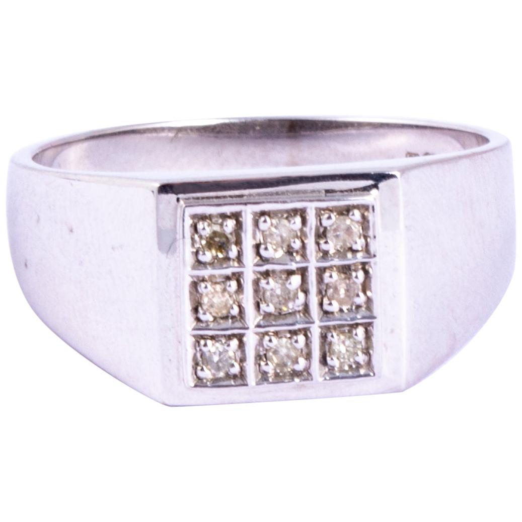 Vintage Diamond and 9 Carat White Gold Signet Ring