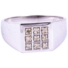 Bague sigillaire vintage en or blanc 9 carats et diamants