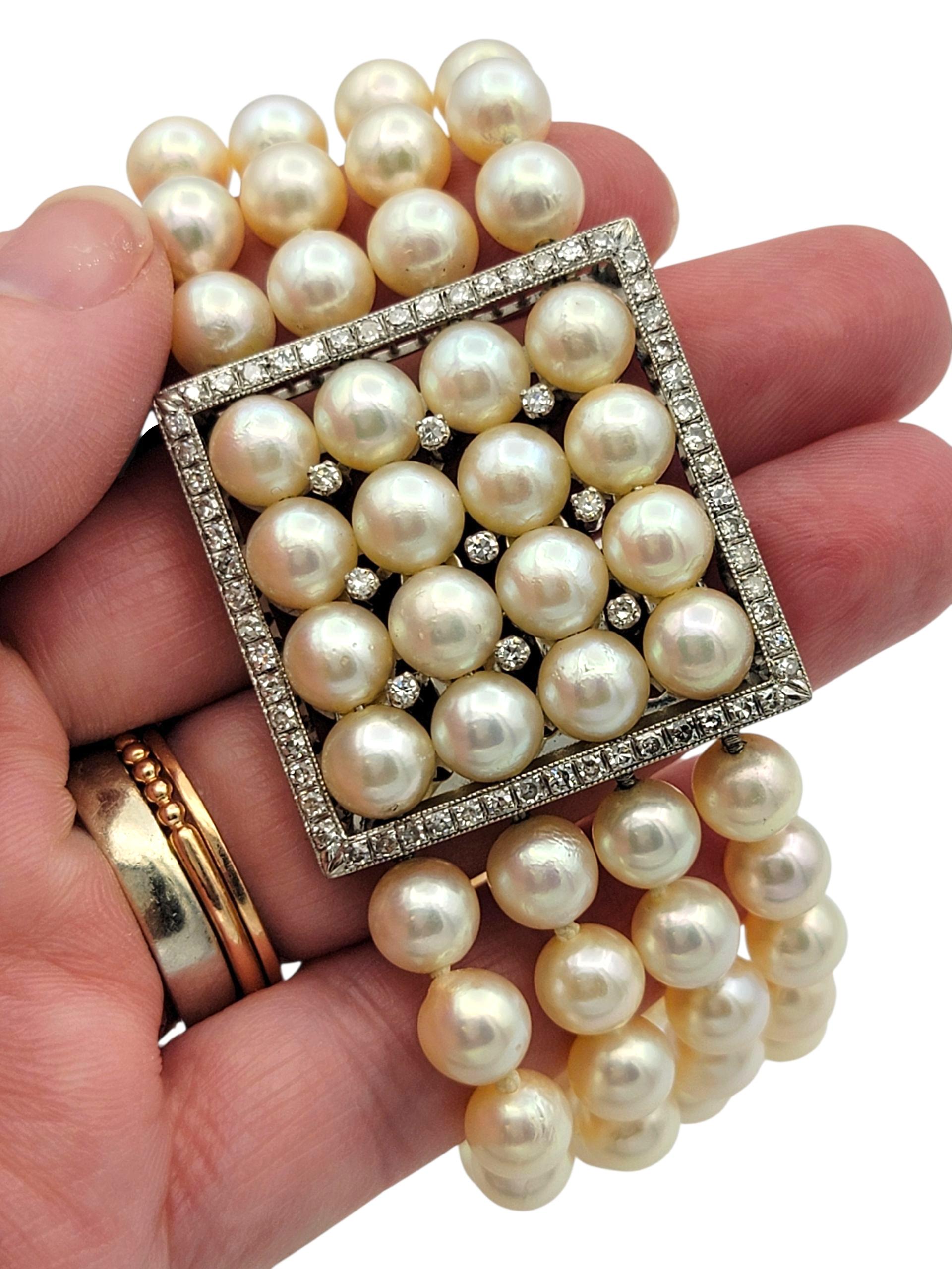 Bracelet large multi-brins en or blanc 14 carats avec diamants et perles d'Akoya Vintage en vente 5