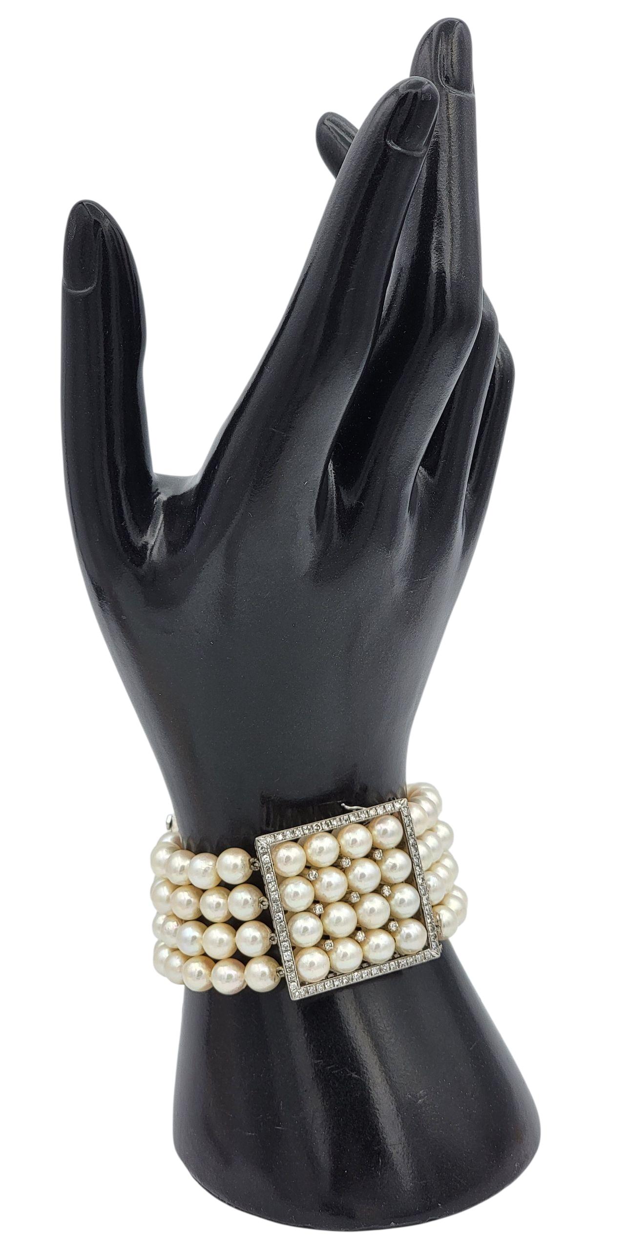 Bracelet large multi-brins en or blanc 14 carats avec diamants et perles d'Akoya Vintage en vente 7