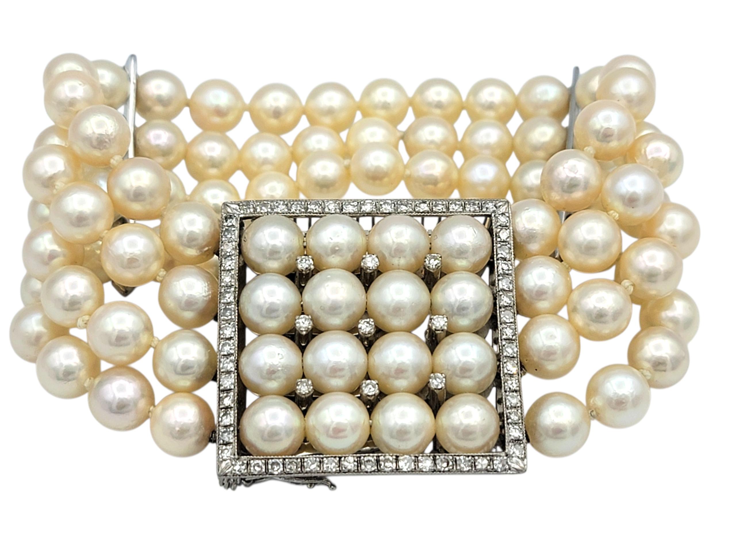 Contemporain Bracelet large multi-brins en or blanc 14 carats avec diamants et perles d'Akoya Vintage en vente