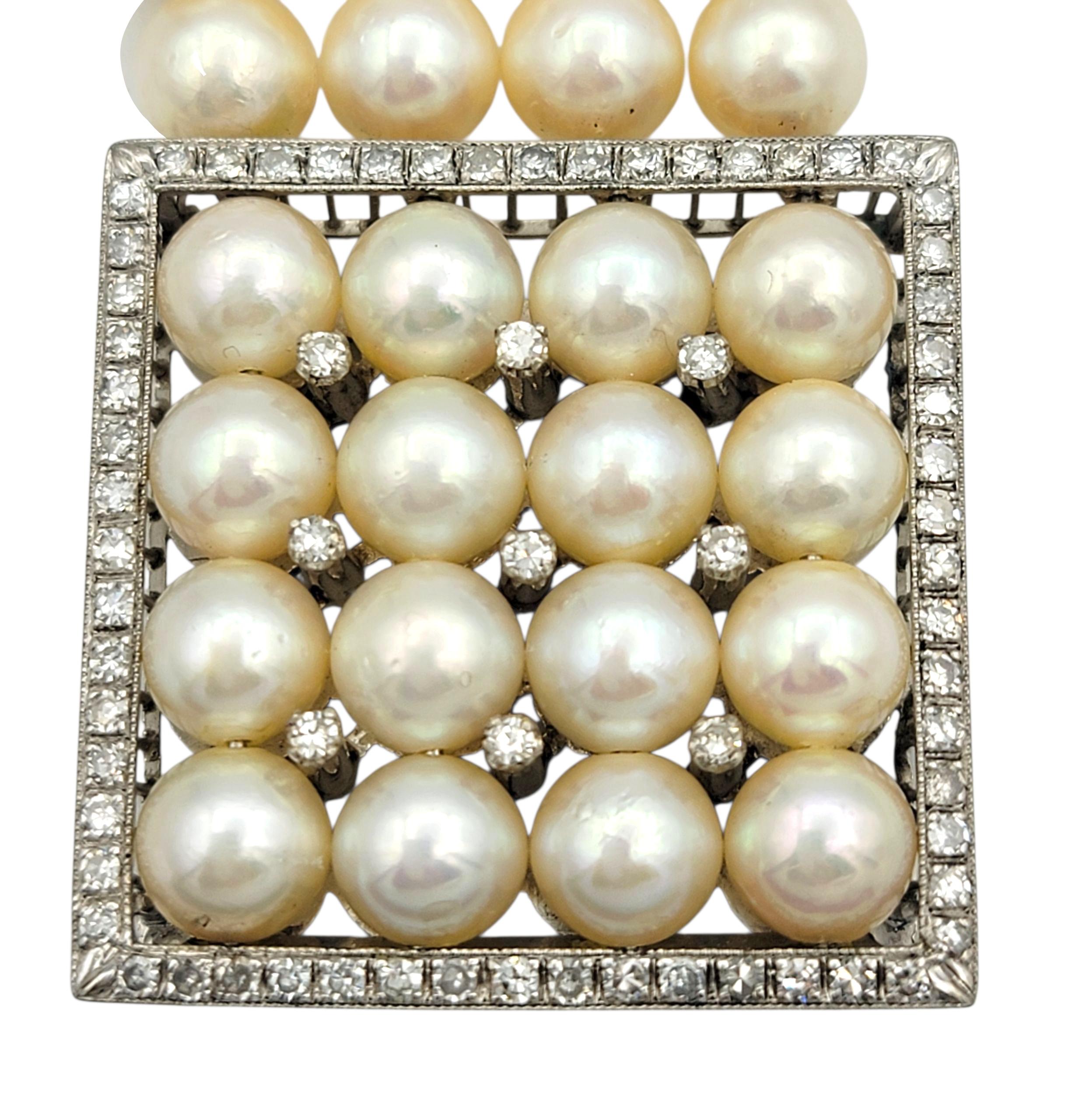 Bracelet large multi-brins en or blanc 14 carats avec diamants et perles d'Akoya Vintage Bon état - En vente à Scottsdale, AZ