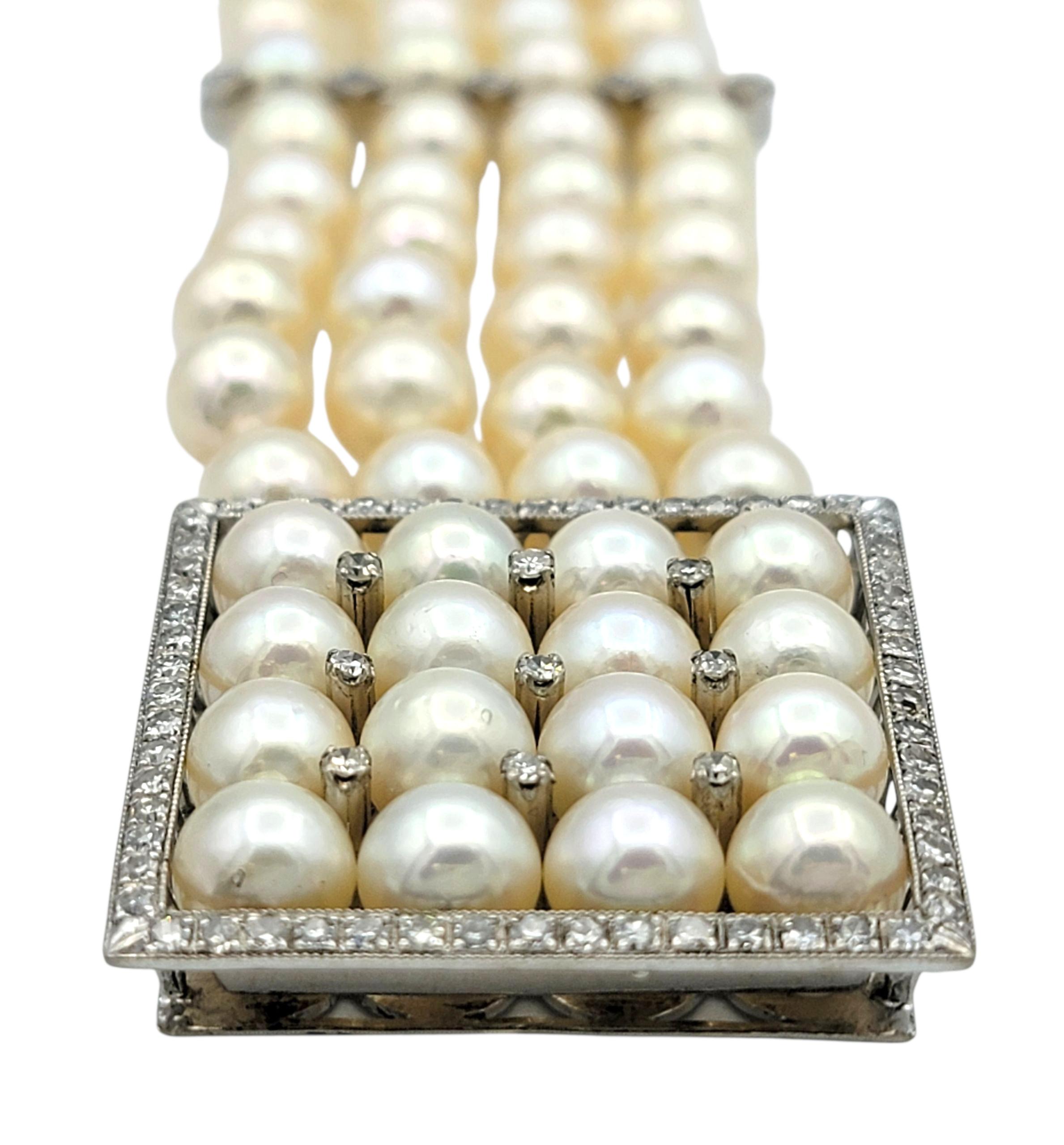 Bracelet large multi-brins en or blanc 14 carats avec diamants et perles d'Akoya Vintage Pour femmes en vente