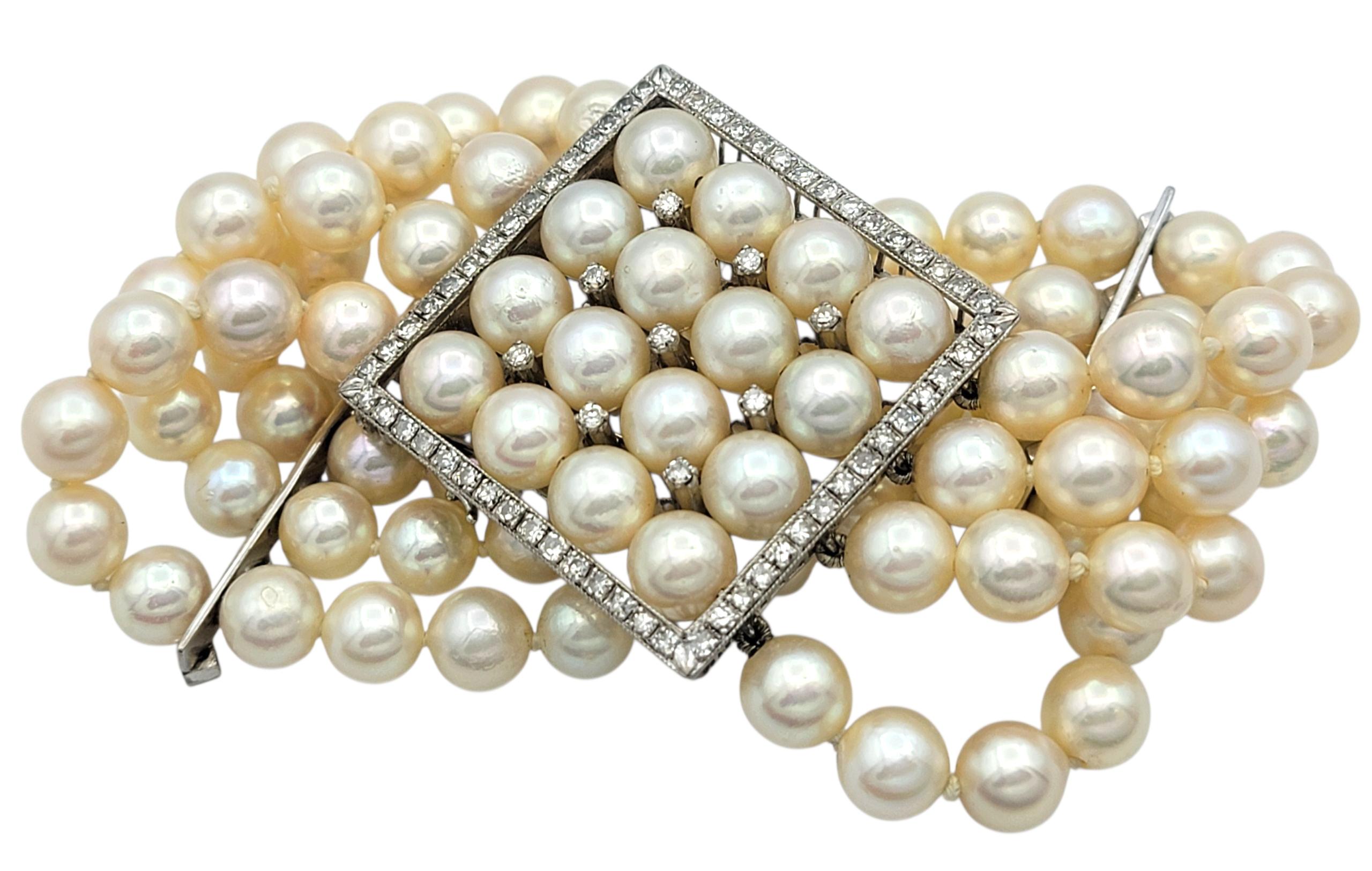 Bracelet large multi-brins en or blanc 14 carats avec diamants et perles d'Akoya Vintage en vente 2