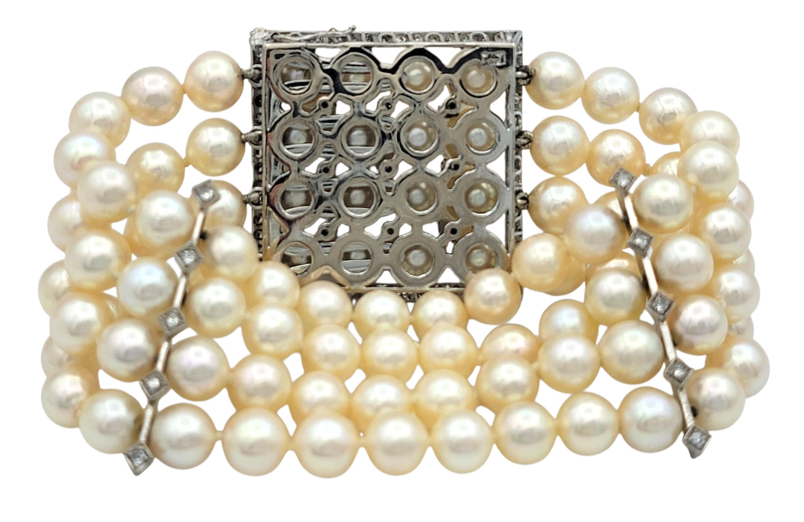 Bracelet large multi-brins en or blanc 14 carats avec diamants et perles d'Akoya Vintage en vente 3