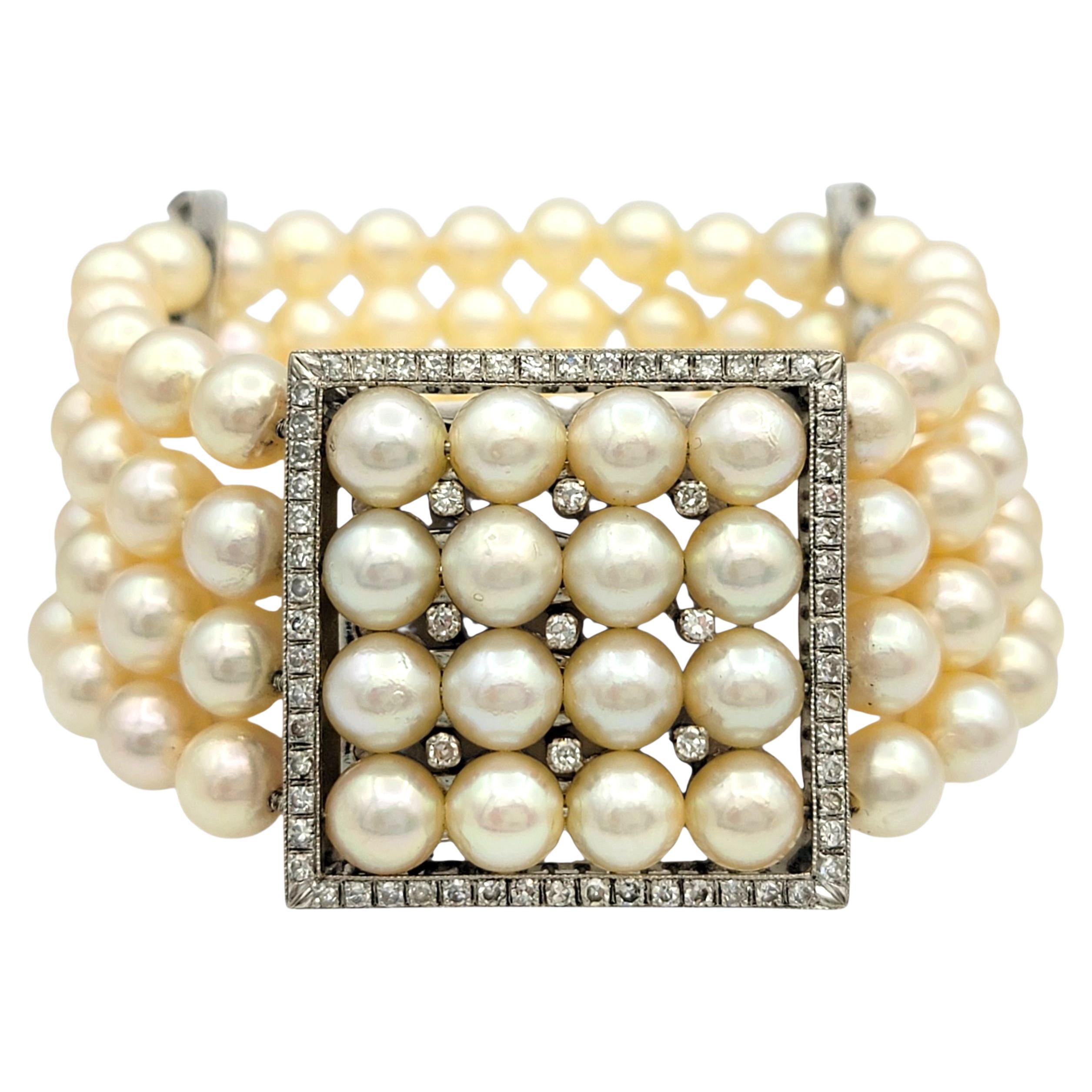 Vintage Diamant und Akoya Perle Breites Mehrstrang-Armband 14 Karat Weißgold