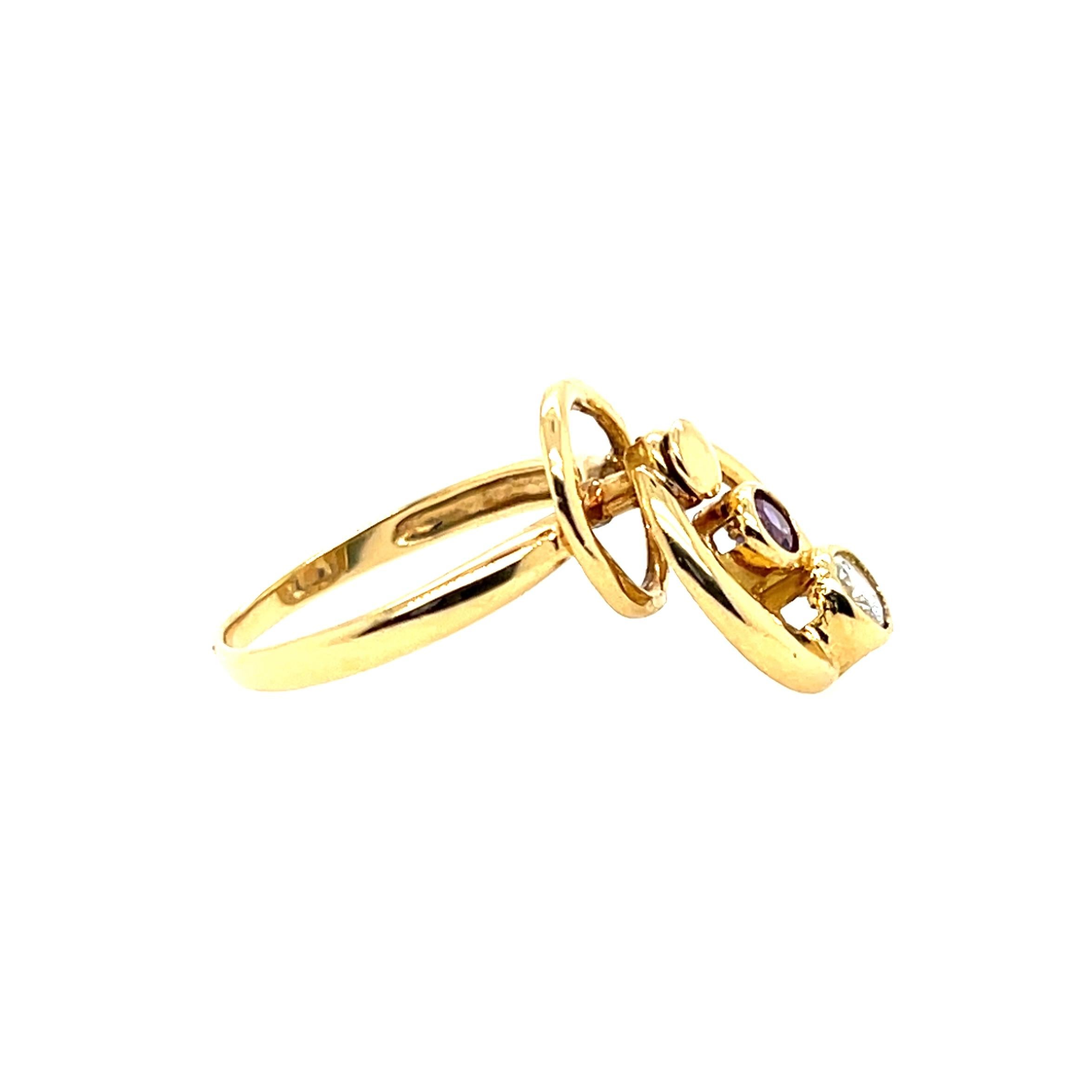 Bague mouvement vintage en or jaune avec diamant et améthyste Unisexe en vente