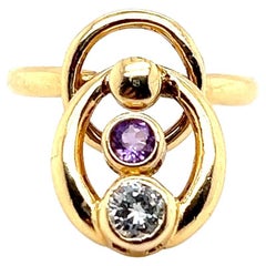Vintage Diamond and Amethyst Yellow Gold Movement Statement Ring