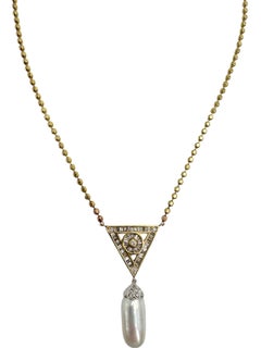 Vintage Diamond and Baroque Pearl Pendant Necklace in 14K Gold