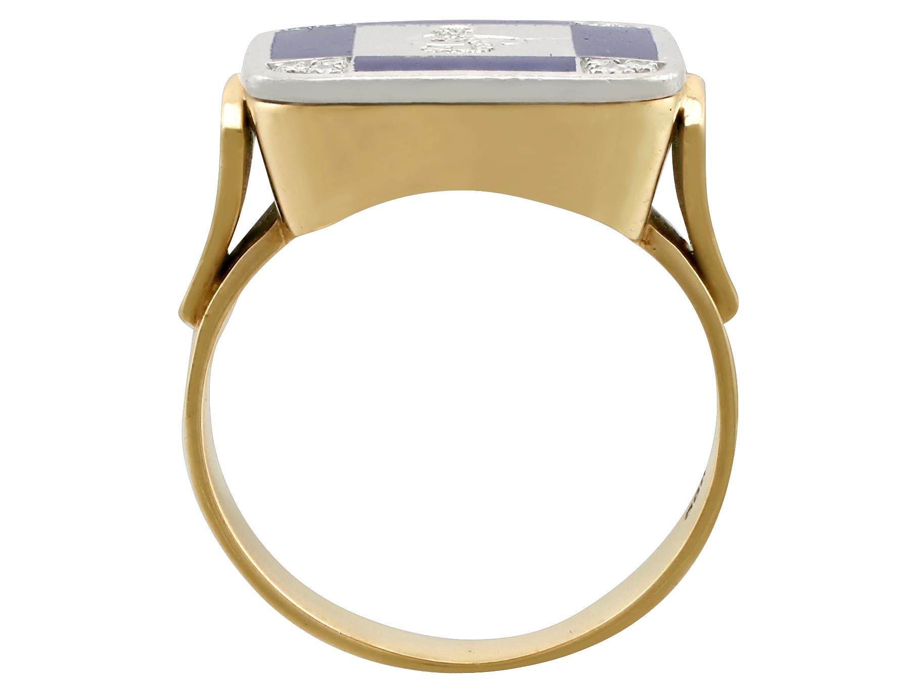 Women's or Men's Vintage Diamond and Black Enamel Yellow Gold Ring