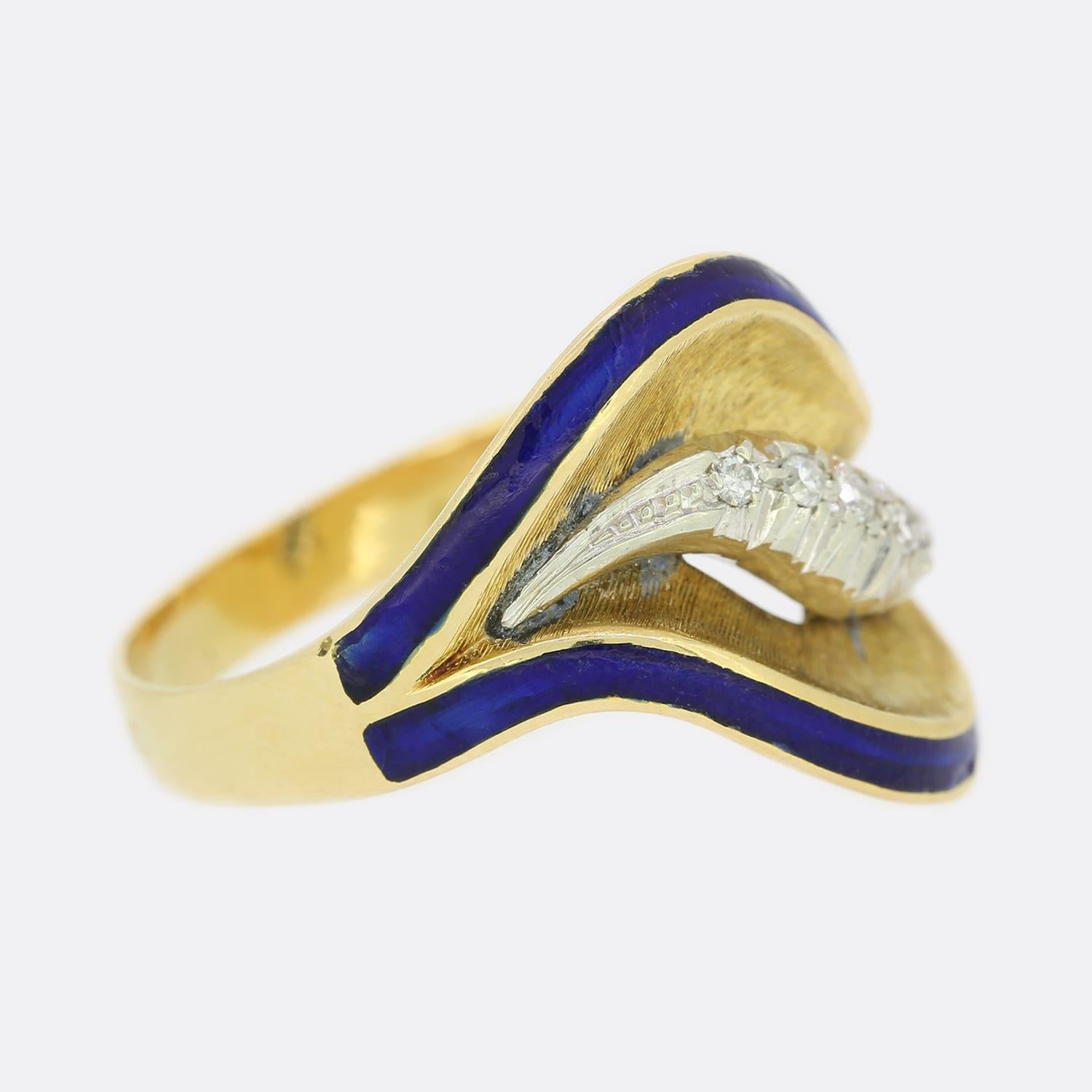 Single Cut Vintage Diamond and Blue Enamel Swirl Ring For Sale