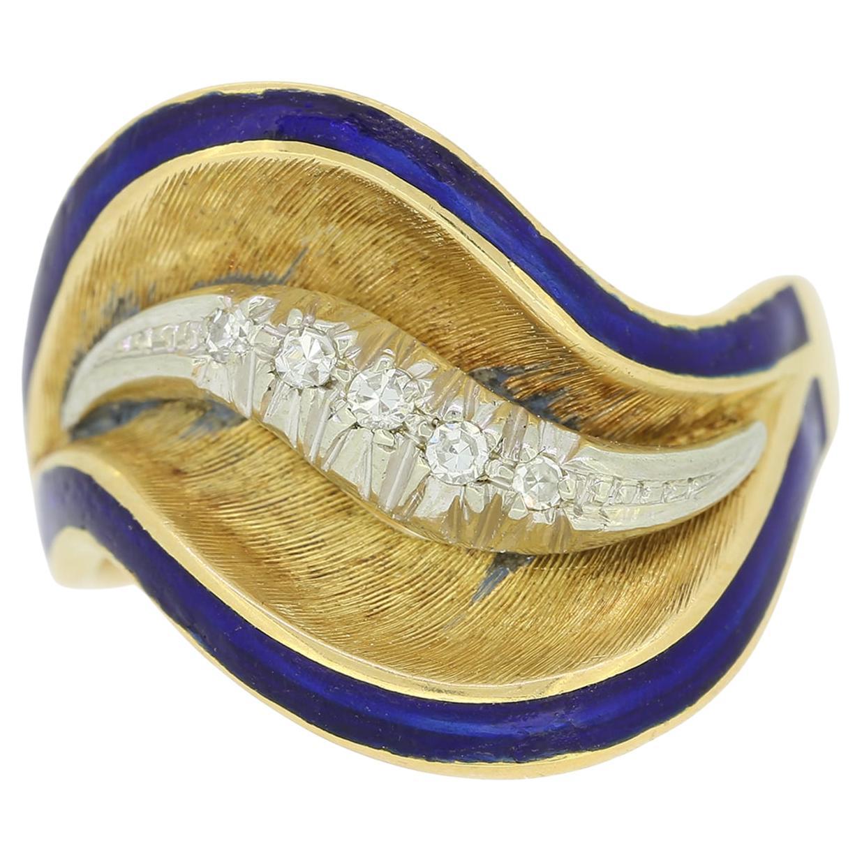 Vintage Diamond and Blue Enamel Swirl Ring For Sale