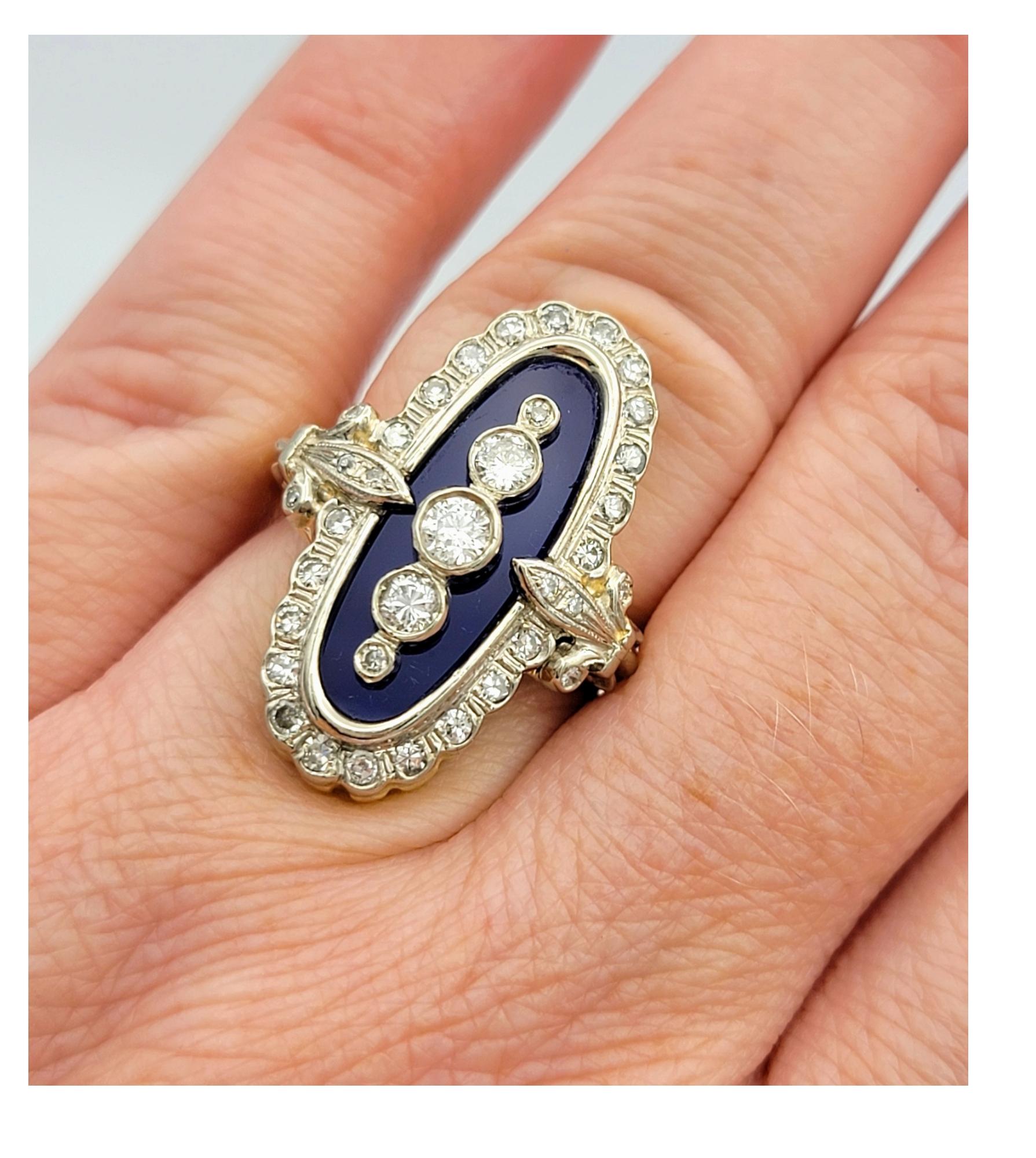 Vintage Navette-Cocktailring aus 14 Karat Gold mit Diamanten und blauem Glas in zweifarbigem Diamanten im Angebot 4