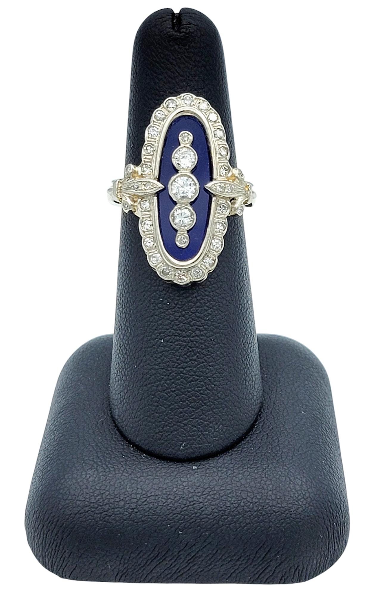 Vintage Navette-Cocktailring aus 14 Karat Gold mit Diamanten und blauem Glas in zweifarbigem Diamanten im Angebot 5